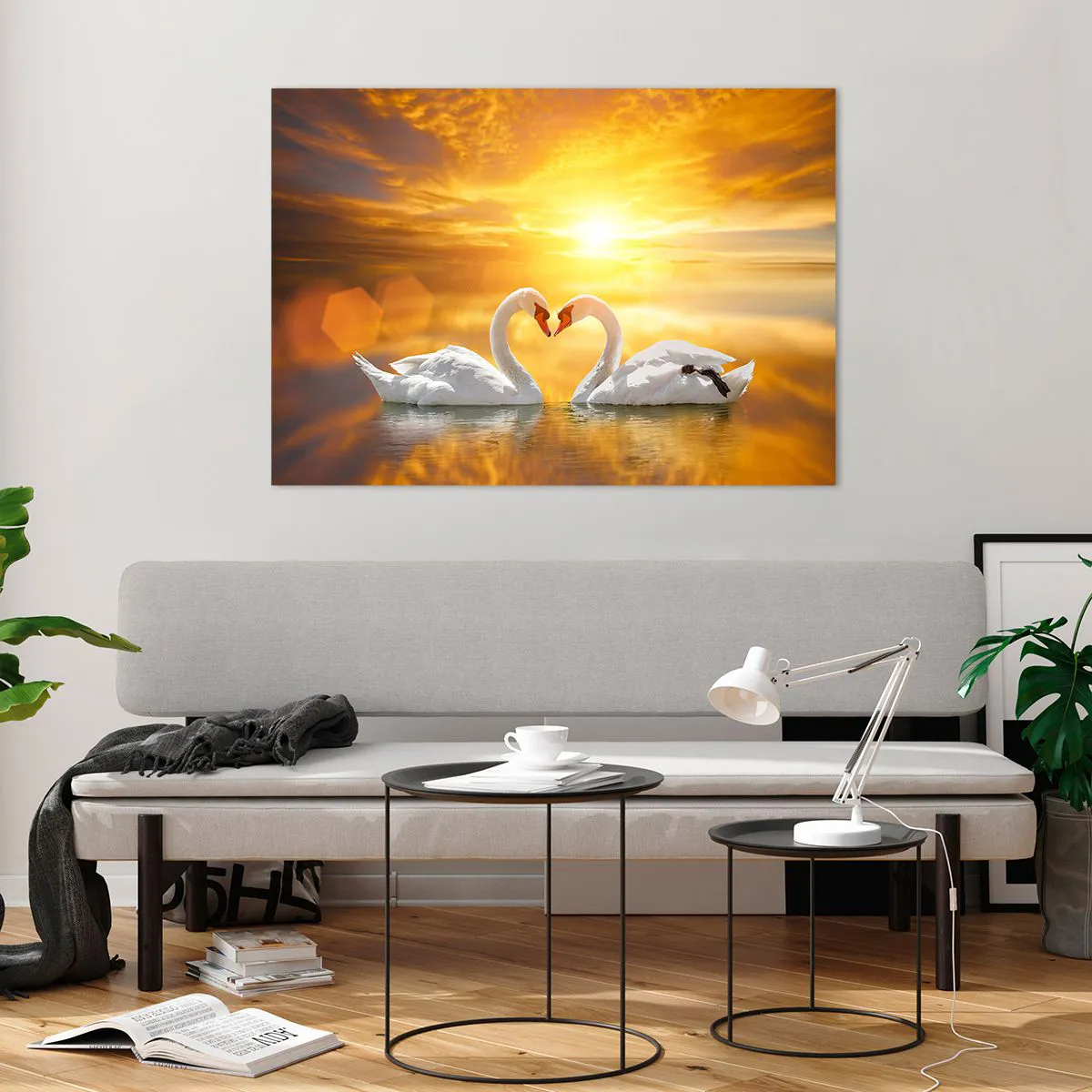 Cuadro sobre vidrio - Impresiones sobre Vidrio - Dos cisnes en el agua formando un corazón con el telón de fondo de una puesta de sol. - 100x70cm - Corazón es la palabra más bella del mundo... - Decoración de pared moderna para salón y dormitorio ARTTOR