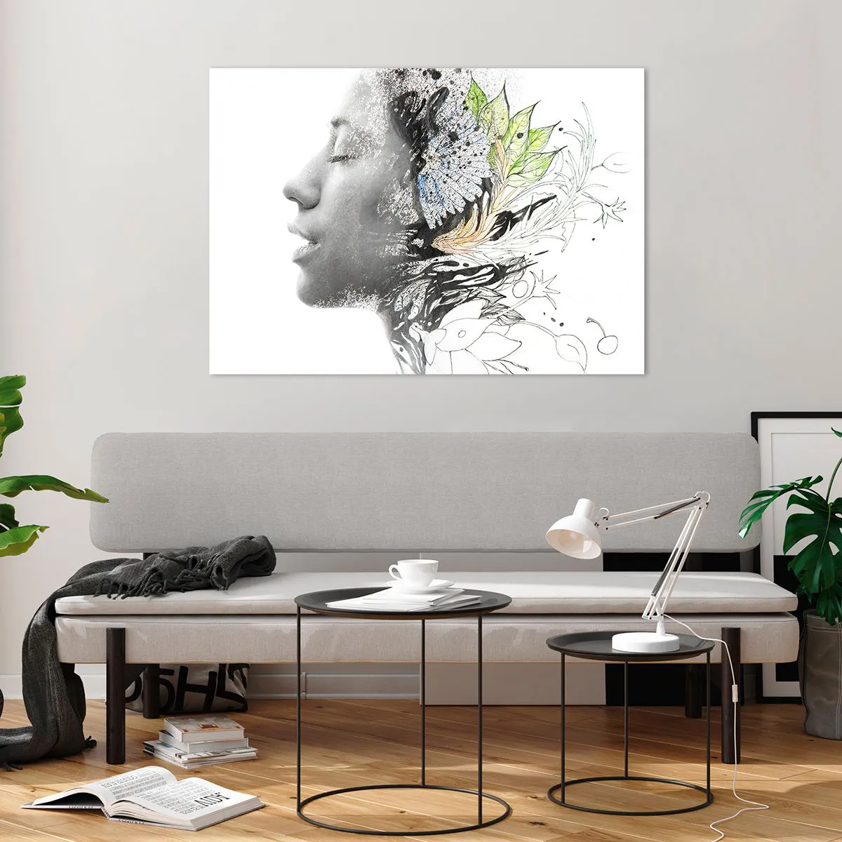 Impression sur verre - Image sur verre - Profil de femme avec des motifs de la nature dans un style monochrome - 100x70cm - Immergé dans la nature - Décoration murale moderne pour le salon et la chambre ARTTOR