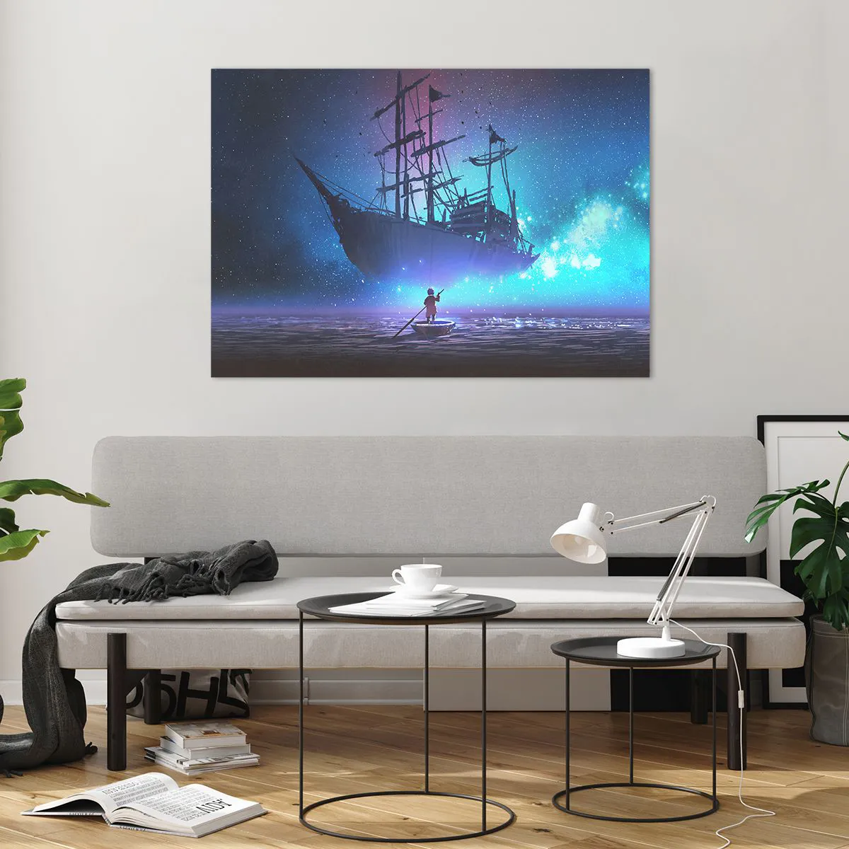 Glasbild - Bild auf glas - Ein Nachtschiff, das in einer magischen Aura über dem Wasser schwebt - 100x70cm - Begegnung mit dem Mythos des Meeres - Moderne Wanddekoration für Wohnzimmer und Schlafzimmer ARTTOR