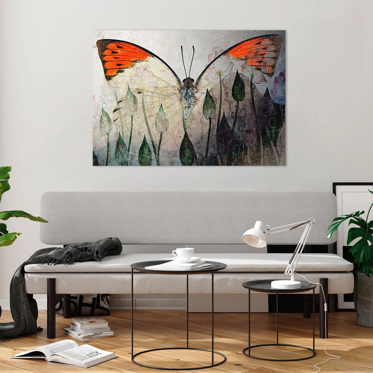 Tablou pe sticlă - Unde fluturele se leagănă pe iarbă - 100x70 cm