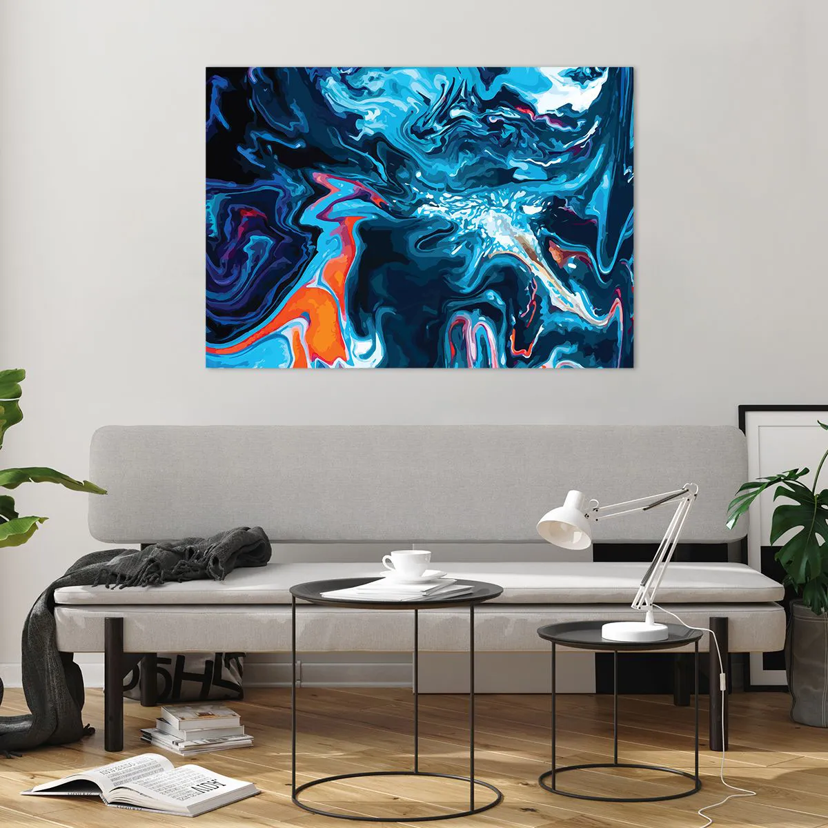 Glasbild - Bild auf glas - Ein abstraktes Muster in Blautönen mit Akzenten in Rot und Weiß. - 100x70cm - Reise ins Zentrum des Himmels - Moderne Wanddekoration für Wohnzimmer und Schlafzimmer ARTTOR