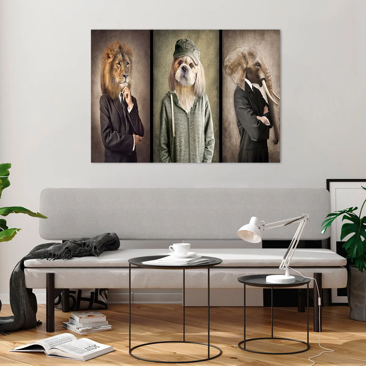 Cuadro sobre vidrio - Impresiones sobre Vidrio - Tres animales en varios estilos, desde elegantes hasta casuales. - 100x70cm - Prefiero tomármelo con calma - Decoración de pared moderna para salón y dormitorio ARTTOR