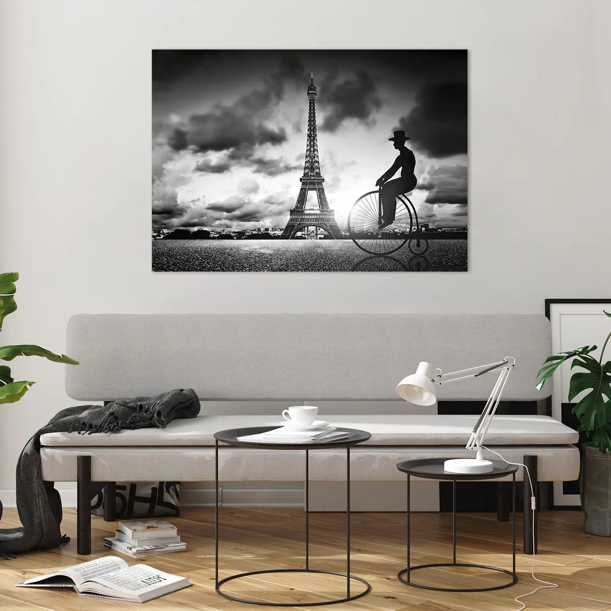 Cuadro sobre vidrio - Impresiones sobre Vidrio - Torre Eiffel con bicicleta retro en blanco y negro - 100x70cm - Añoranza de la Belle Epoque - Decoración de pared moderna para salón y dormitorio ARTTOR