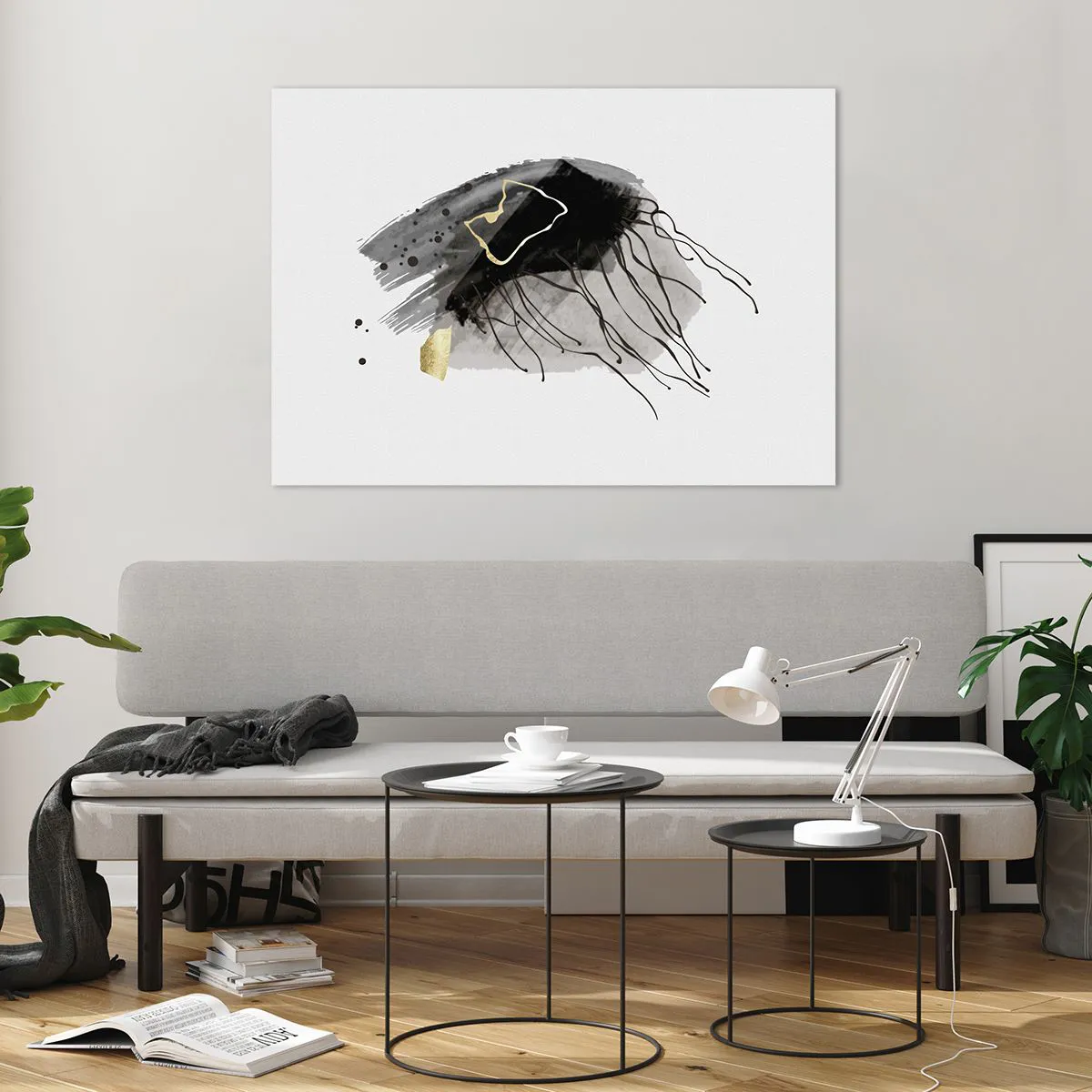 Glasbild - Bild auf glas - Abstrakte Komposition aus Schwarz und Gold auf weißem Hintergrund - 100x70cm - In Schwarz und Gold - Moderne Wanddekoration für Wohnzimmer und Schlafzimmer ARTTOR