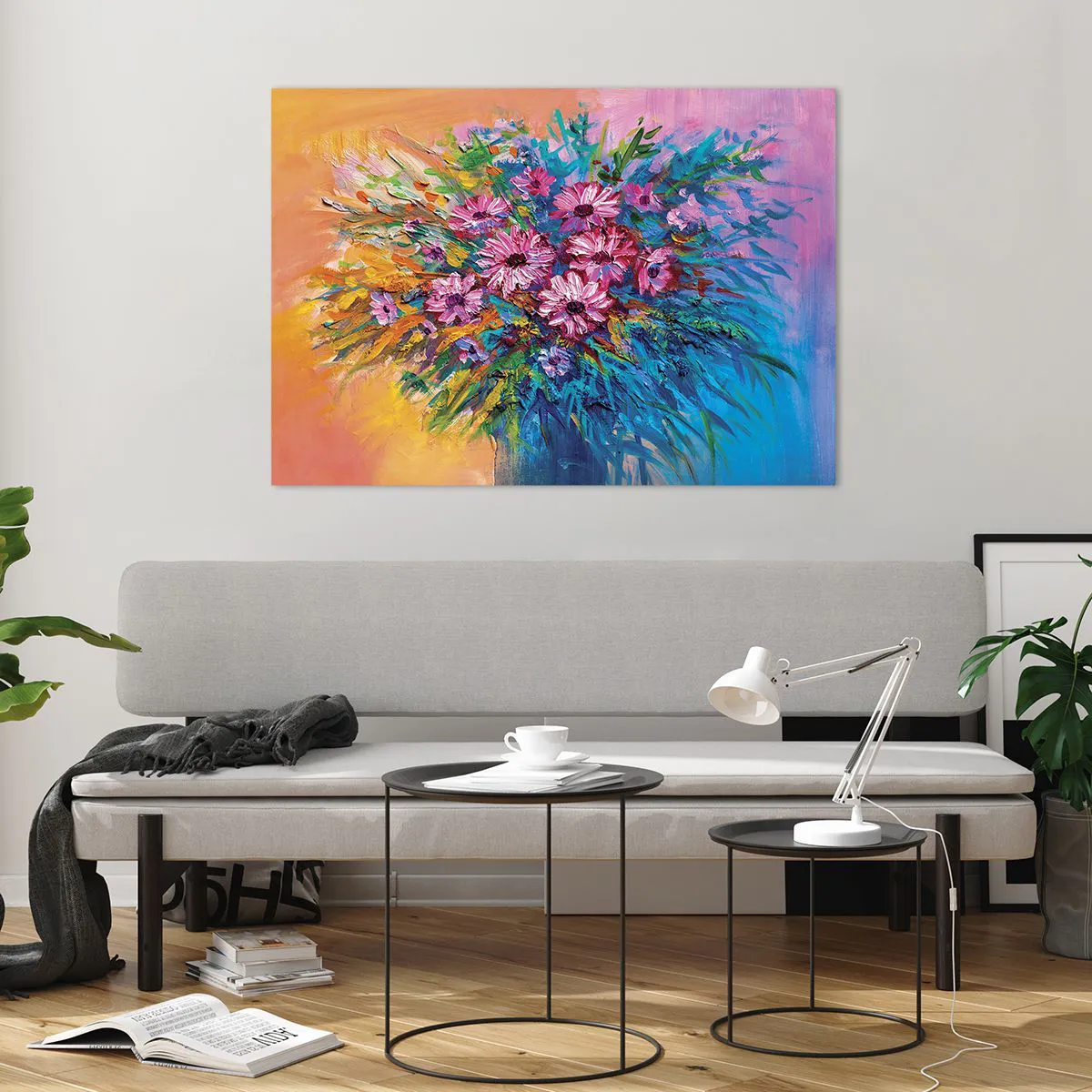 Impression sur verre - Image sur verre - Un bouquet de fleurs roses dans une composition artistique et colorée - 100x70cm - Énergie de la vie - Décoration murale moderne pour le salon et la chambre ARTTOR