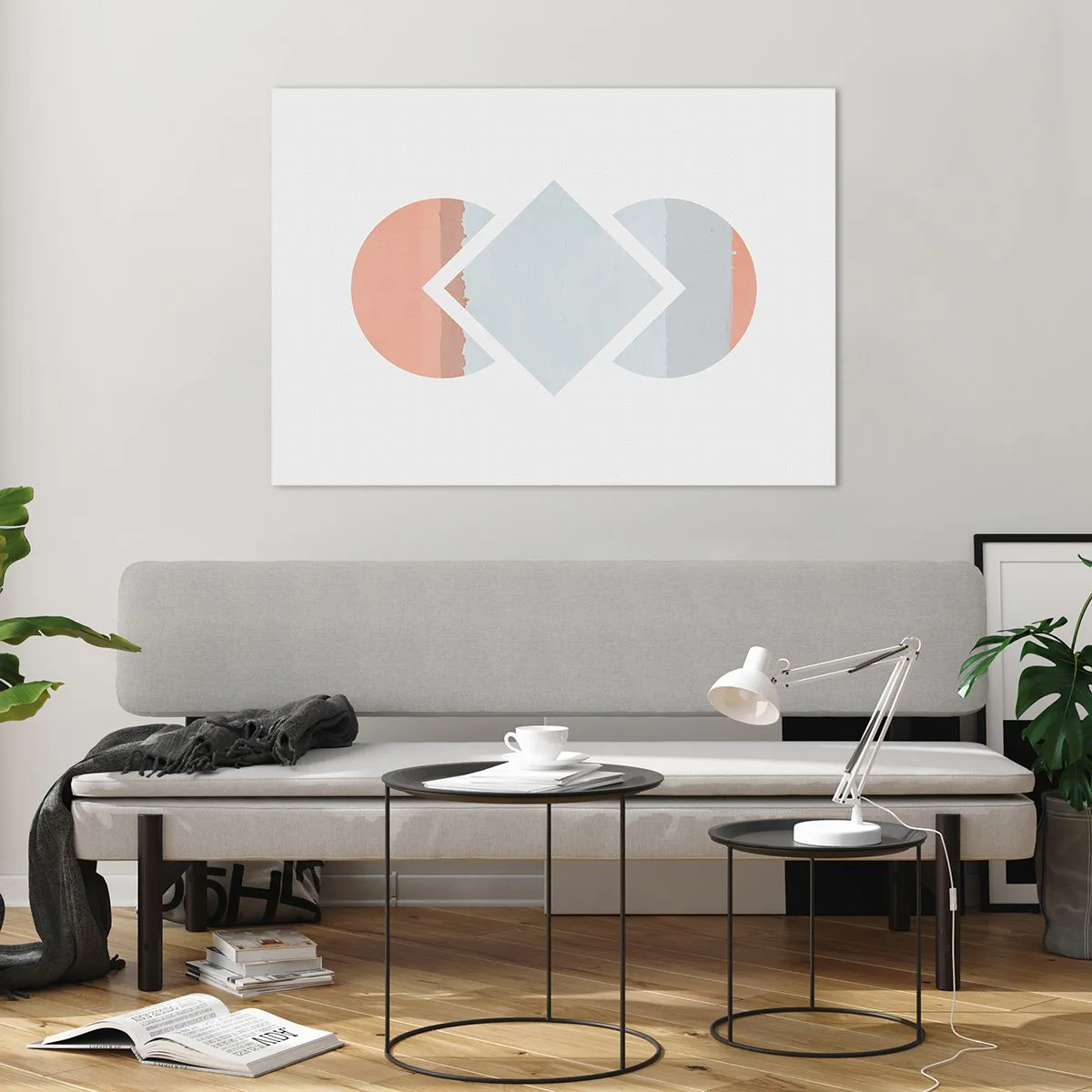 Cuadro sobre vidrio - Impresiones sobre Vidrio - Un rombo pastel en el centro entre los semicírculos sobre un fondo blanco. - 100x70cm - Arte geométrico - Decoración de pared moderna para salón y dormitorio ARTTOR