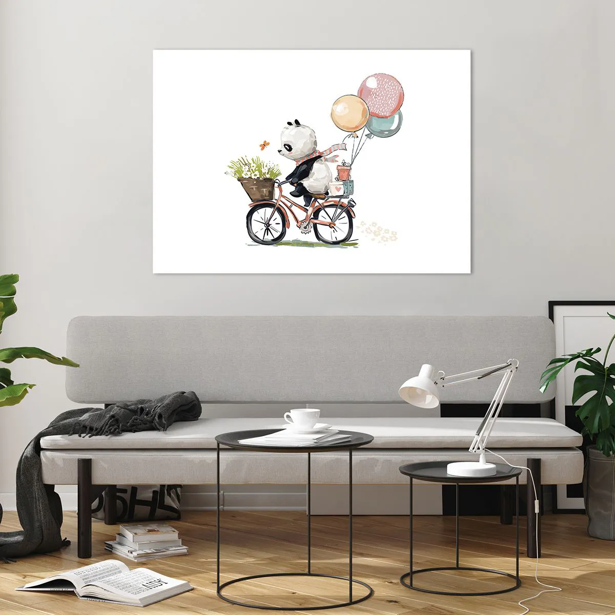 Impression sur verre - Image sur verre - Un panda faisant du vélo avec des ballons et un panier de fleurs. - 100x70cm - Jour de chance - Décoration murale moderne pour le salon et la chambre ARTTOR