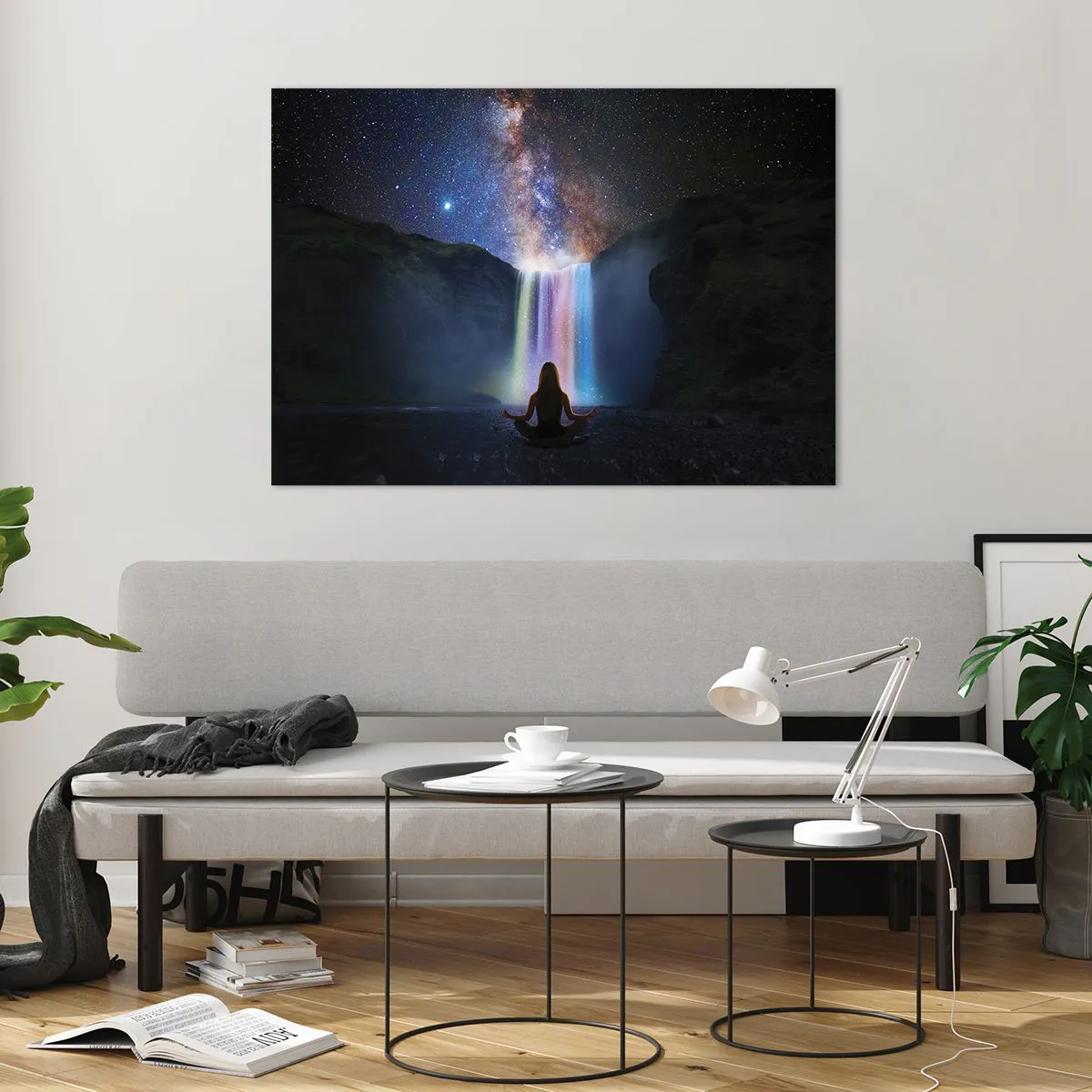 Glasbild - Bild auf glas - Meditation vor einem farbenfrohen Wasserfall bei Nacht - 100x70cm - Absolute Harmonie - Moderne Wanddekoration für Wohnzimmer und Schlafzimmer ARTTOR