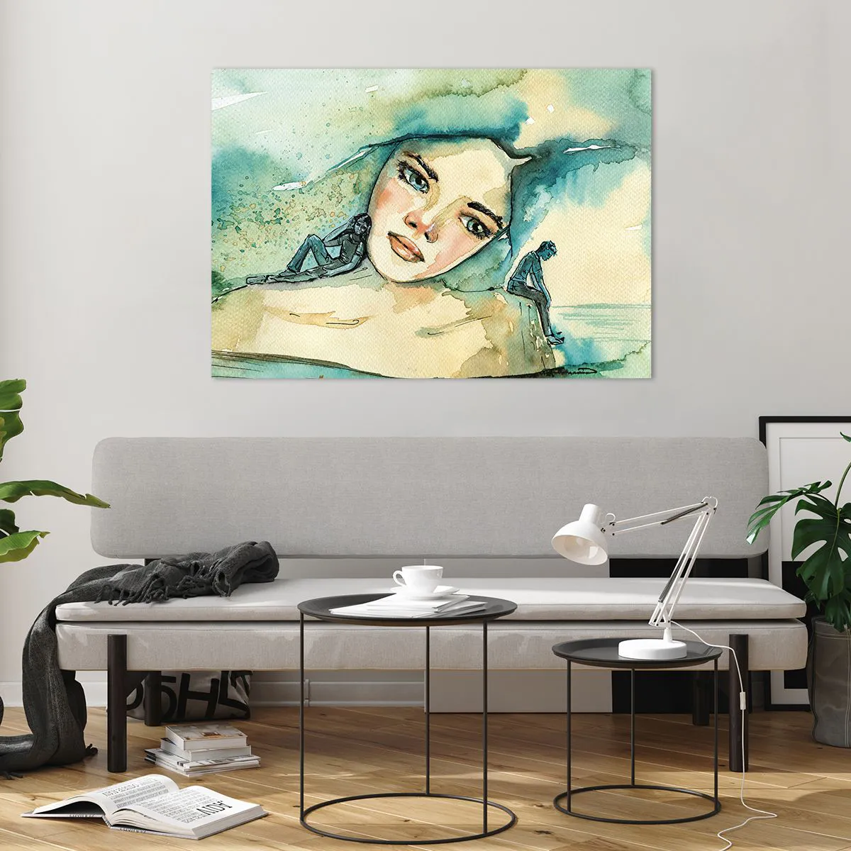 Obraz na szkle - Portret kobiety w akwarelowym stylu z sylwetkami postaci - 100x70cm - Am I blue? - Nowoczesna dekoracja ścienna do salonu, kuchni i sypialni ARTTOR