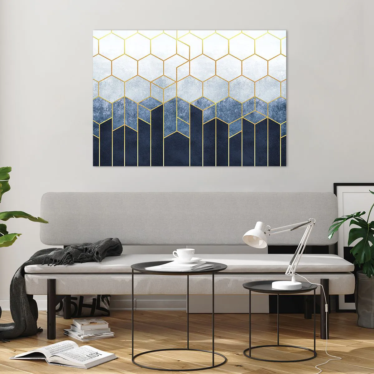 Cuadro sobre vidrio - Impresiones sobre Vidrio - Patrón geométrico en colores dorado y azul marino. - 100x70cm - Composición rítmica visual - Decoración de pared moderna para salón y dormitorio ARTTOR