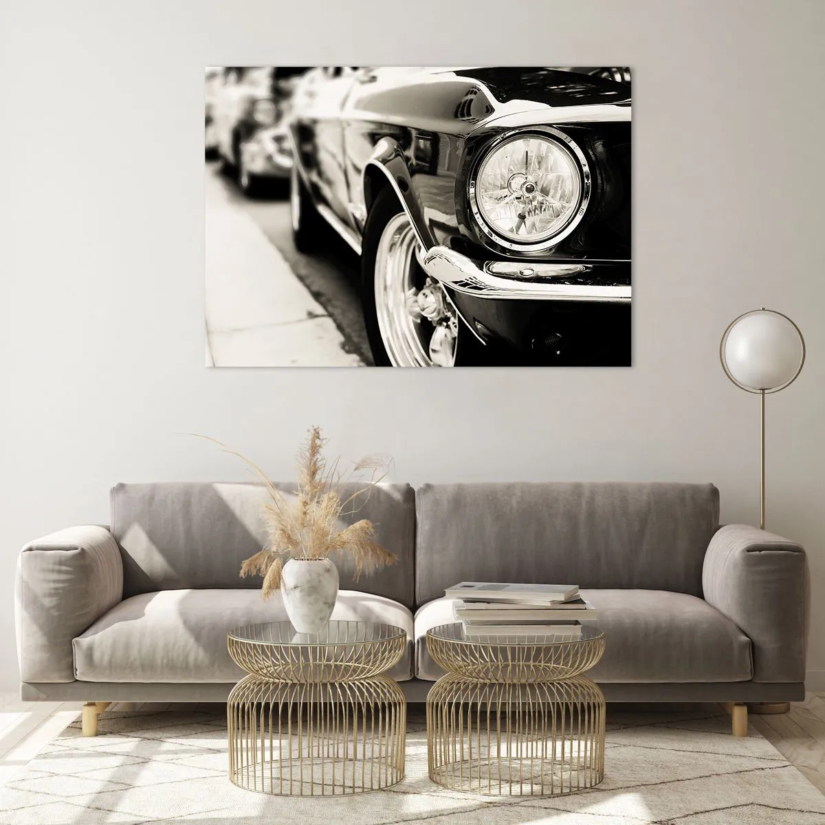 Quadro su vetro - Primo piano della parte anteriore di un'auto d'epoca in seppia - 100x70cm - Bellezza intramontabile - Decorazione murale moderna per soggiorno e camera da letto ARTTOR