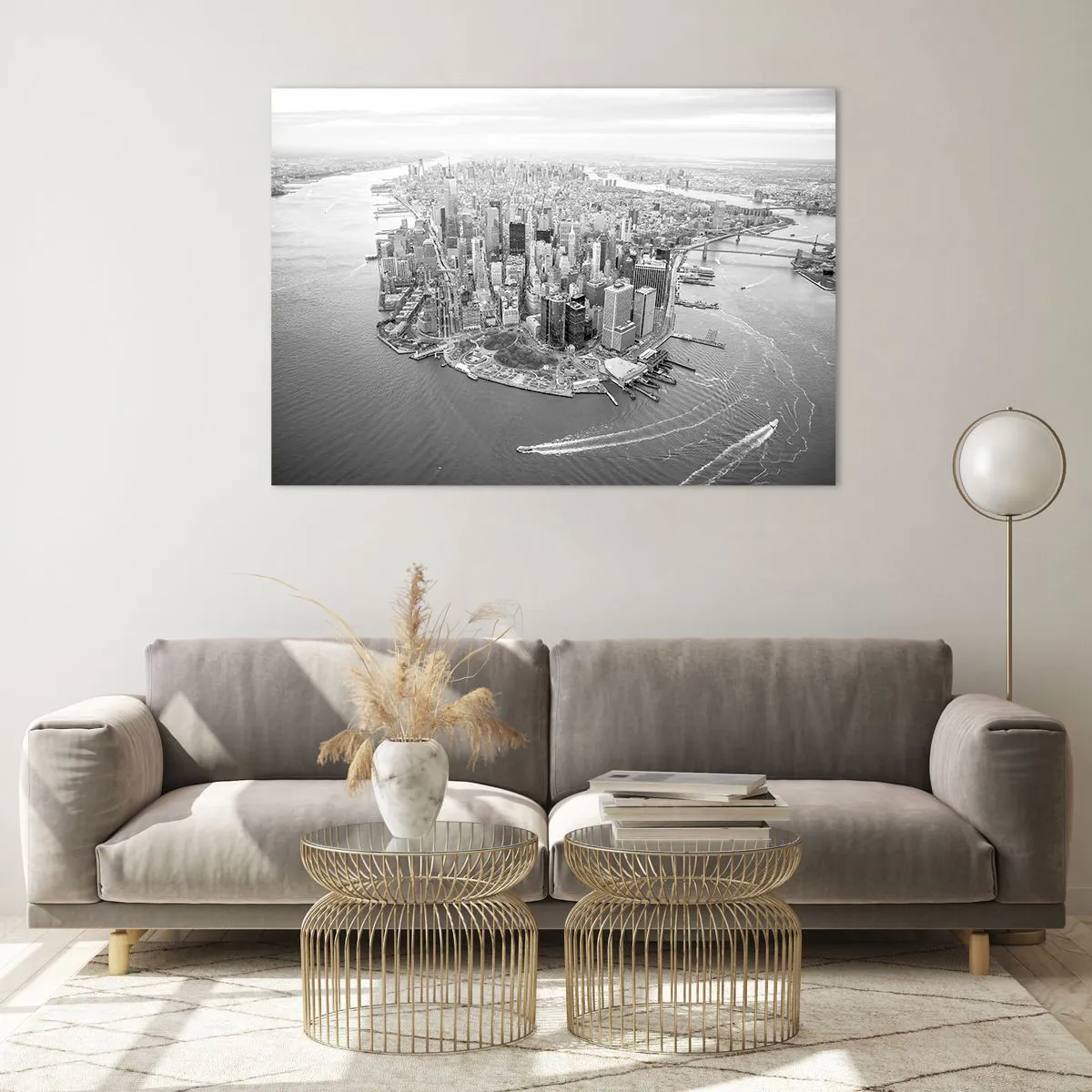 Quadro su vetro - Una vista a volo d'uccello della città in bianco e nero - 100x70cm - Come non amarla? - Decorazione murale moderna per soggiorno e camera da letto ARTTOR