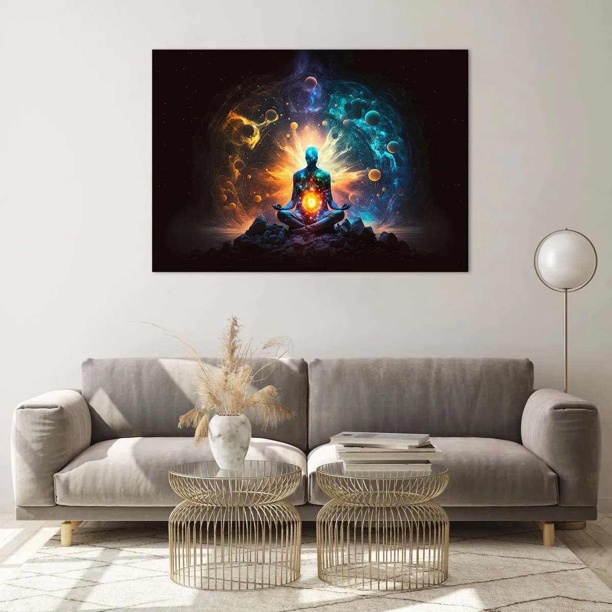 Glasbild - Bild auf glas - Eine meditierende Silhouette in einer kosmischen Farbexplosion - 100x70cm - Kosmischer Frieden - Moderne Wanddekoration für Wohnzimmer und Schlafzimmer ARTTOR