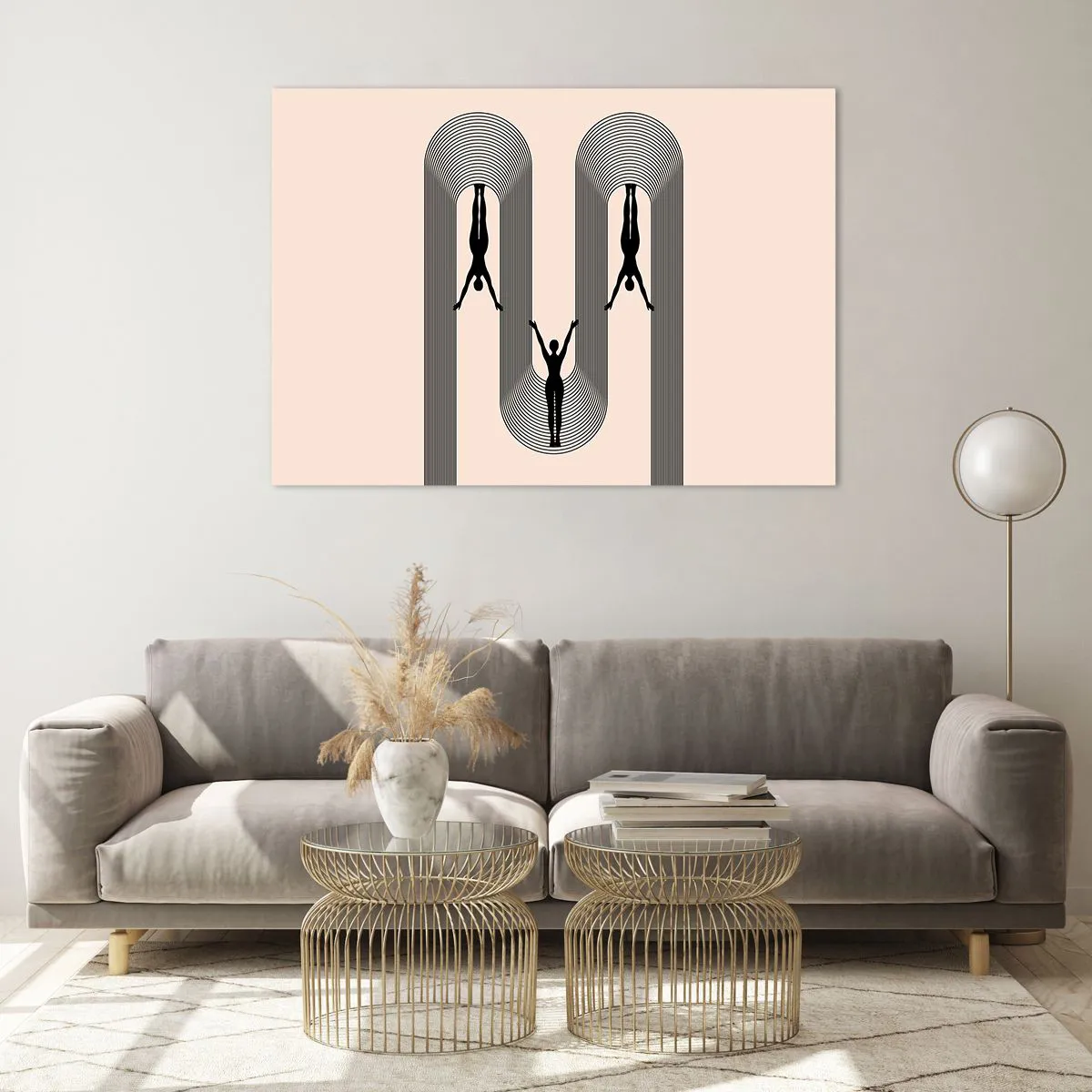 Impression sur verre - Image sur verre - Silhouettes noires de personnages suspendus dans des arcs rythmiques - 100x70cm - Les jambes en l’air - Décoration murale moderne pour le salon et la chambre ARTTOR