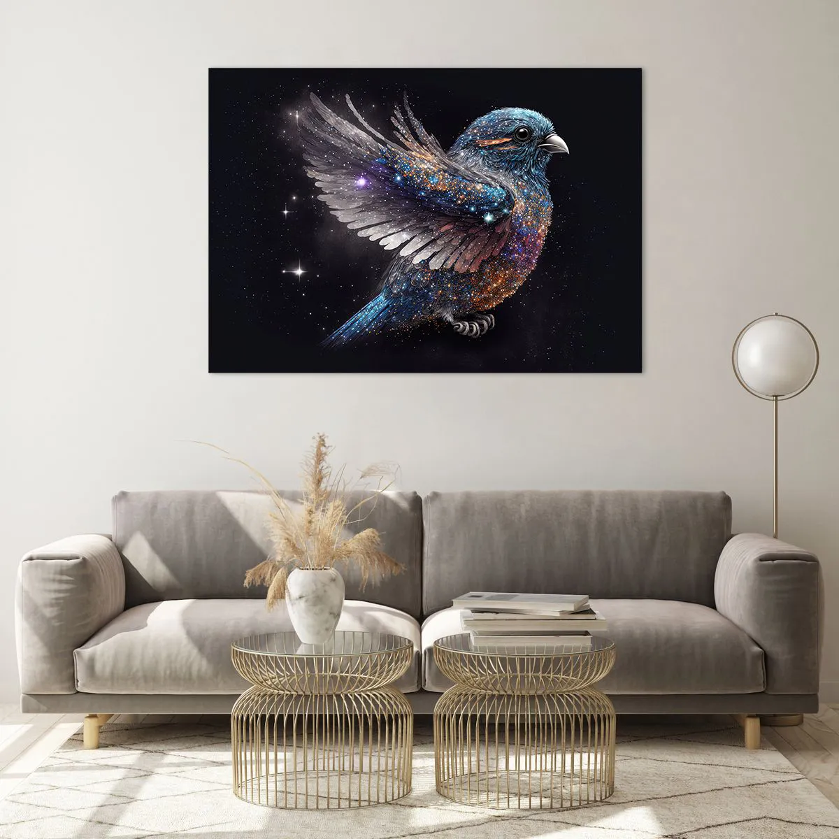Obraz na szkle - Kosmiczny wróbel z diamentowym blaskiem - 100x70cm - Diamentowy wróbel - Nowoczesna dekoracja ścienna do salonu, kuchni i sypialni ARTTOR