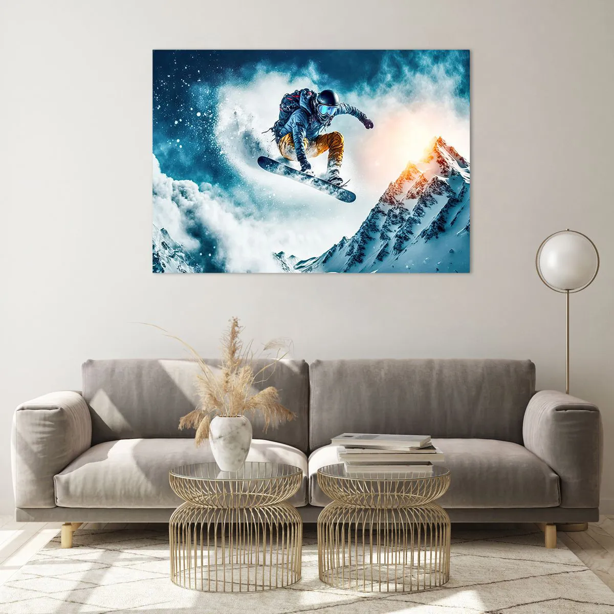 Quadro su vetro - Uno snowboarder vola sopra le montagne innevate - 100x70cm - Emozioni estreme - Decorazione murale moderna per soggiorno e camera da letto ARTTOR