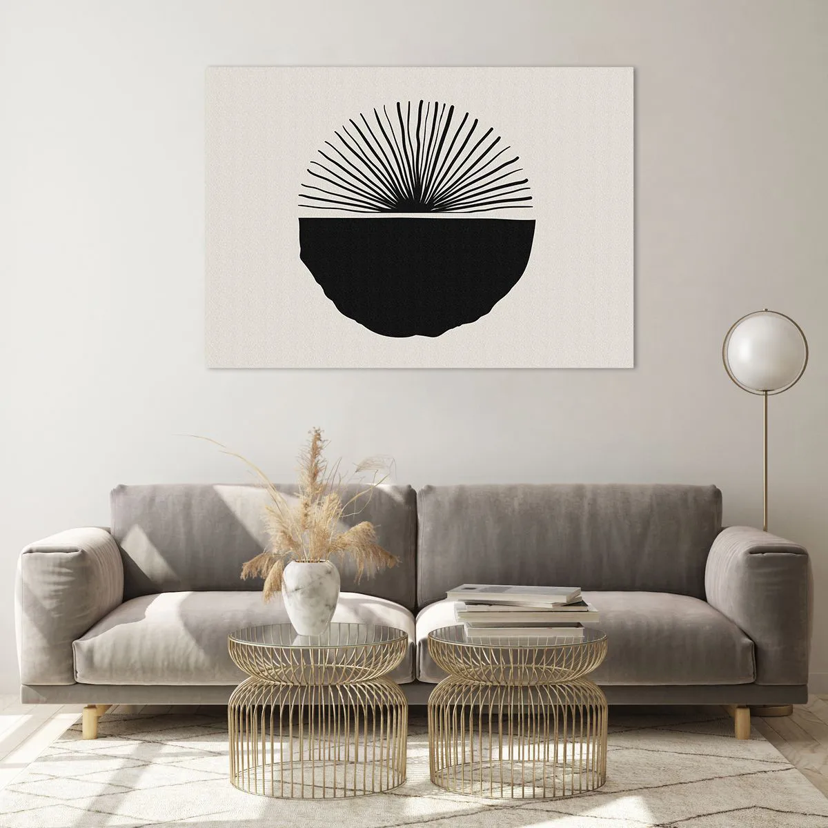 Glasbild - Bild auf glas - Eine schwarze geometrische Form mit einem Fächer aus Linien auf cremefarbenem Hintergrund. - 100x70cm - Eine Reihe von Möglichkeiten - Moderne Wanddekoration für Wohnzimmer und Schlafzimmer ARTTOR