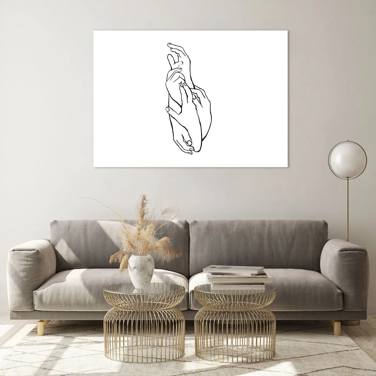 Impression sur verre - Image sur verre - Un dessin linéaire subtil de mains jointes sur un fond blanc. - 100x70cm - Bon contact - Décoration murale moderne pour le salon et la chambre ARTTOR