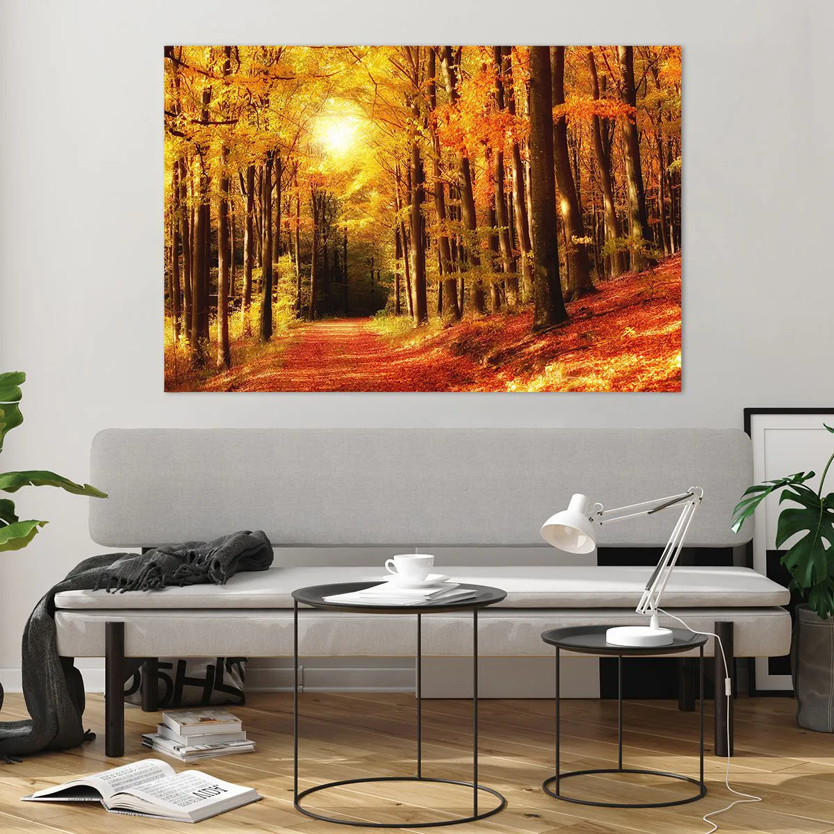 Glass picture - Golden Autumn on a Forest Path - 120x80 cm