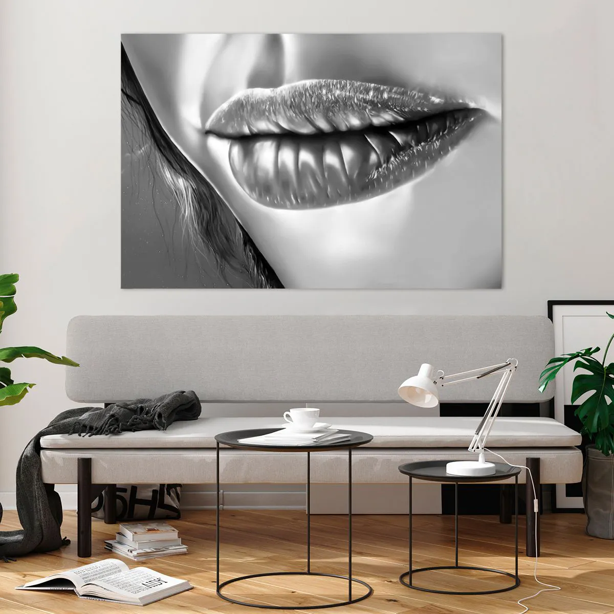 Impression sur verre - Image sur verre - Lèvres féminines sensuelles aux tons monochromes - 120x80cm - Je sais à quoi tu penses… - Décoration murale moderne pour le salon et la chambre ARTTOR