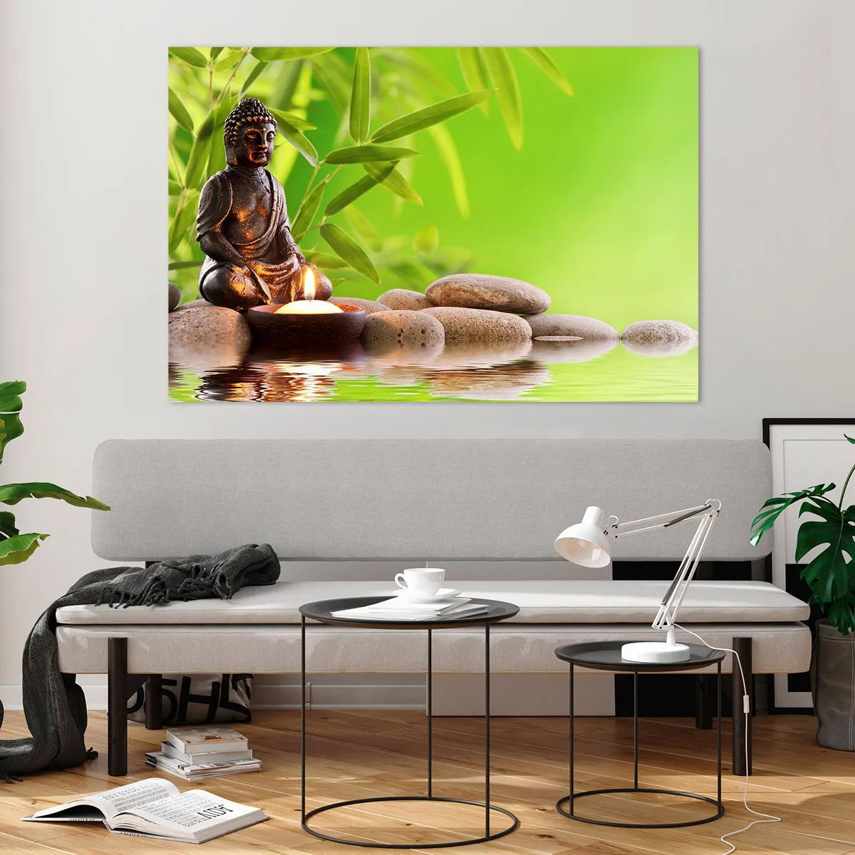 Impression sur verre - Image sur verre - Une figure de Bouddha avec une bougie allumée dans un cadre verdoyant - 120x80cm - La vie est belle - Décoration murale moderne pour le salon et la chambre ARTTOR