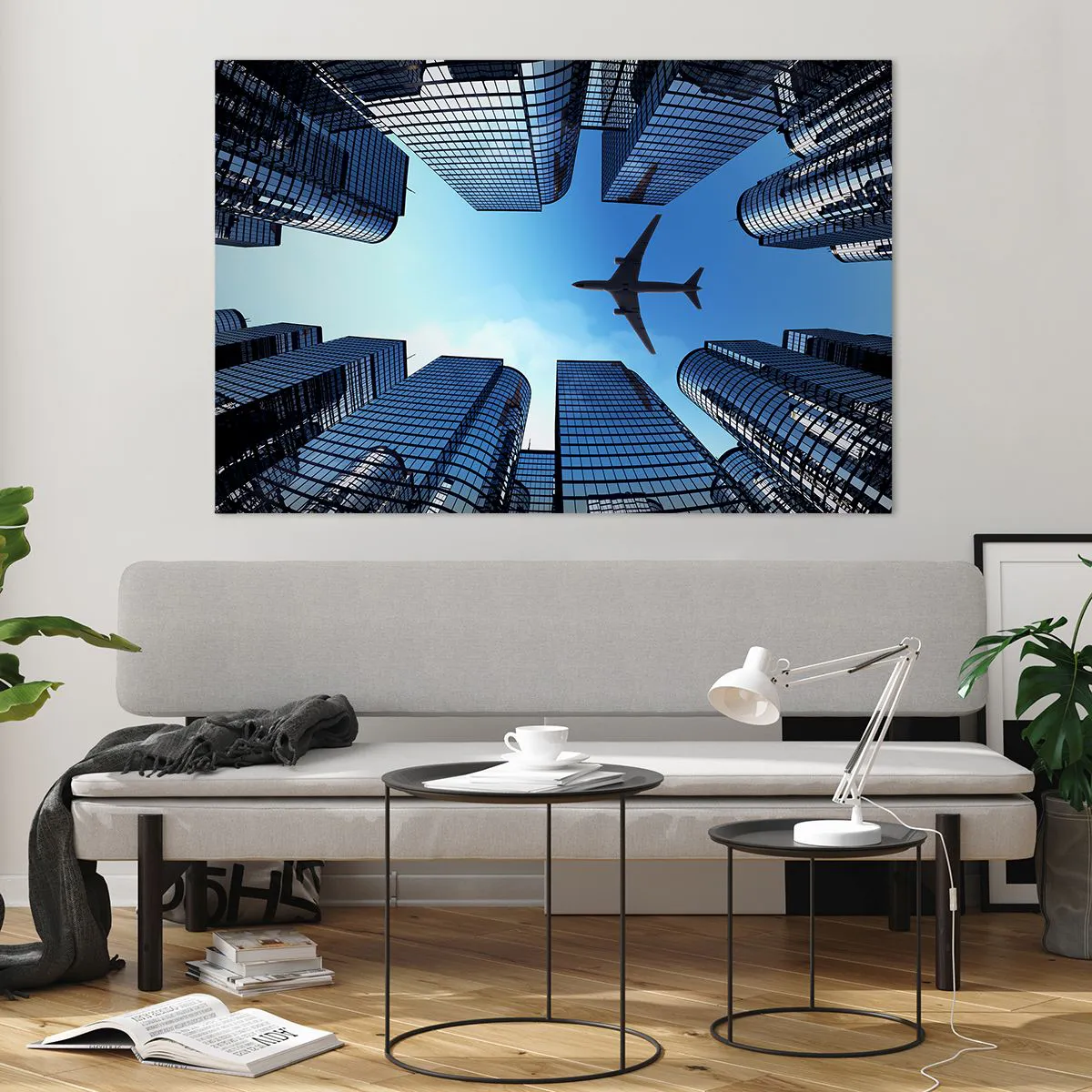 Glasbild - Bild auf glas - Blick auf das Flugzeug zwischen Wolkenkratzern - 120x80cm - Der Blick aus der Glasschlucht - Moderne Wanddekoration für Wohnzimmer und Schlafzimmer ARTTOR