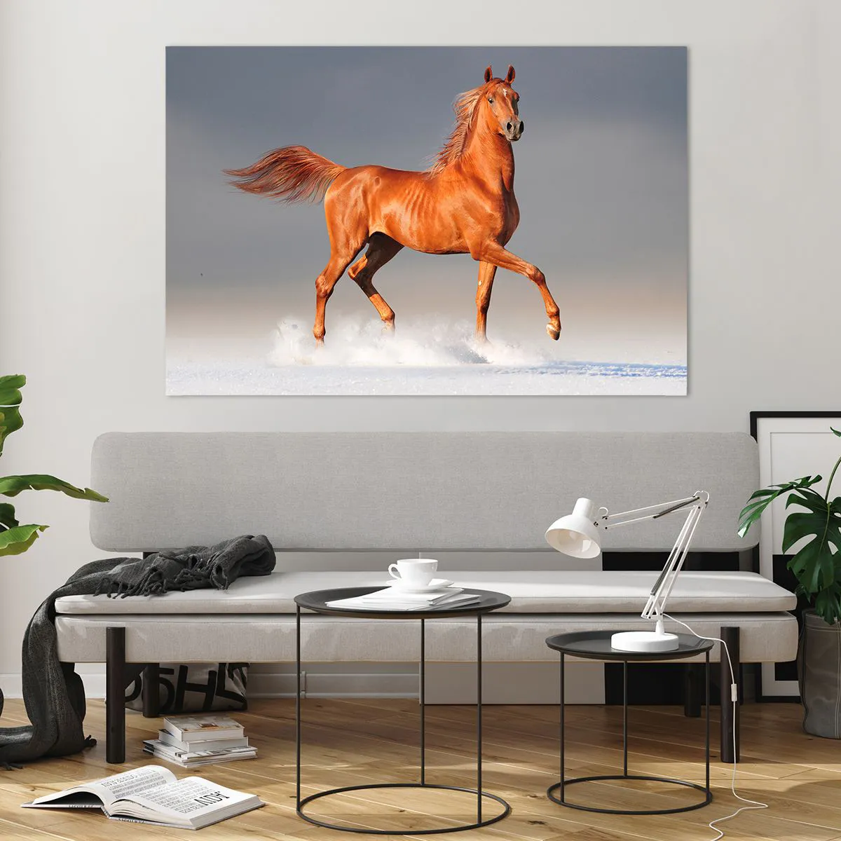 Obraz na szkle - Galopujący koń na tle jasnego nieba - 120x80cm - Tańcząca gracja - Nowoczesna dekoracja ścienna do salonu, kuchni i sypialni ARTTOR