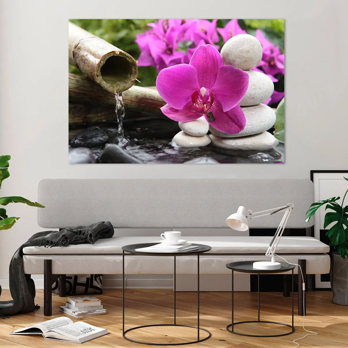 Obraz na szkle - Fioletowa orchidea, kamienie i bambusowy wodospad - 120x80cm - Już odpoczywasz - Nowoczesna dekoracja ścienna do salonu, kuchni i sypialni ARTTOR