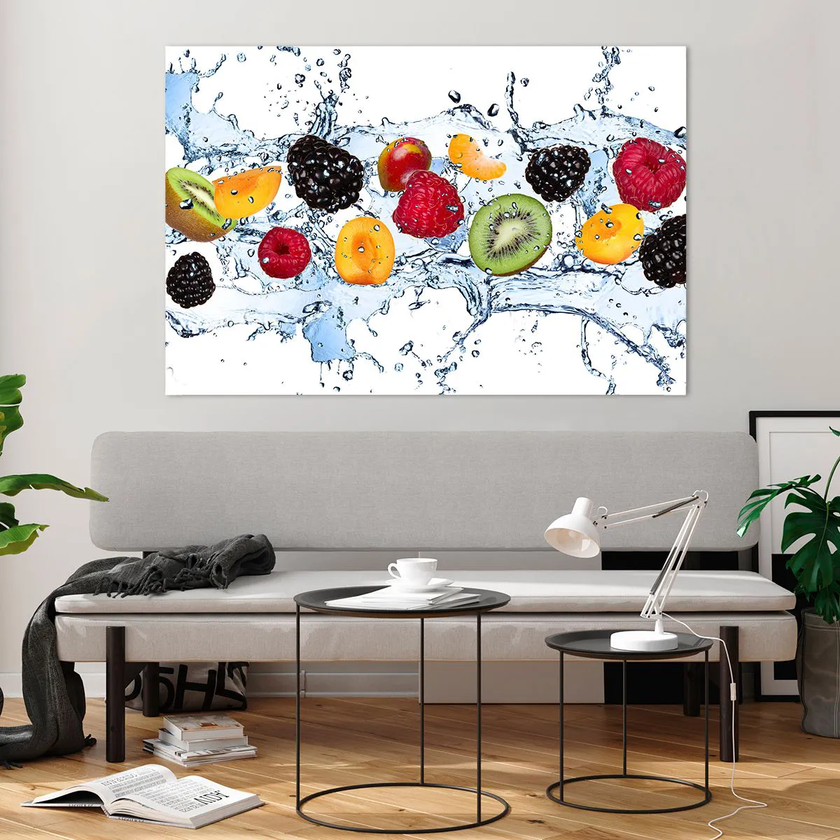 Cuadro sobre vidrio - Impresiones sobre Vidrio - Frutas coloridas en agua sobre un fondo blanco. - 120x80cm - Juega con nosotros - Decoración de pared moderna para salón y dormitorio ARTTOR