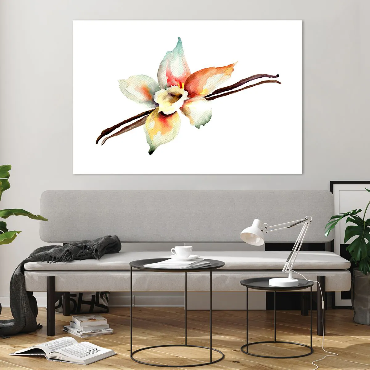 Glasbild - Bild auf glas - Aquarell-Illustration einer Vanilleblüte auf weißem Hintergrund - 120x80cm - Süße mit Farbe verschüttet - Moderne Wanddekoration für Wohnzimmer und Schlafzimmer ARTTOR