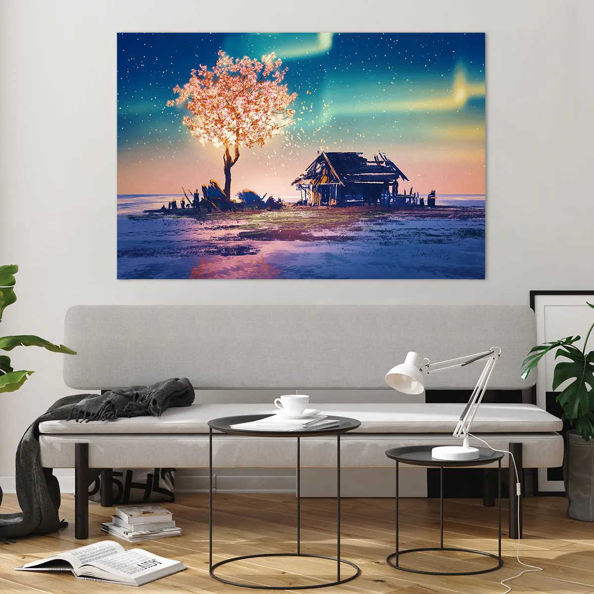 Impression sur verre - Image sur verre - Un paysage magique avec un arbre en fleurs et un chalet - 120x80cm - La nature ne passe pas - Décoration murale moderne pour le salon et la chambre ARTTOR