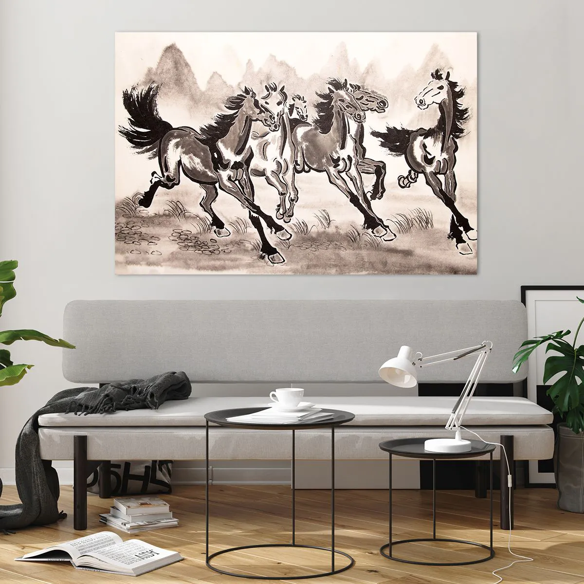 Quadro su vetro - Un gruppo di cavalli al galoppo in stile cinese - 120x80cm - Al galoppo con gioia - Decorazione murale moderna per soggiorno e camera da letto ARTTOR