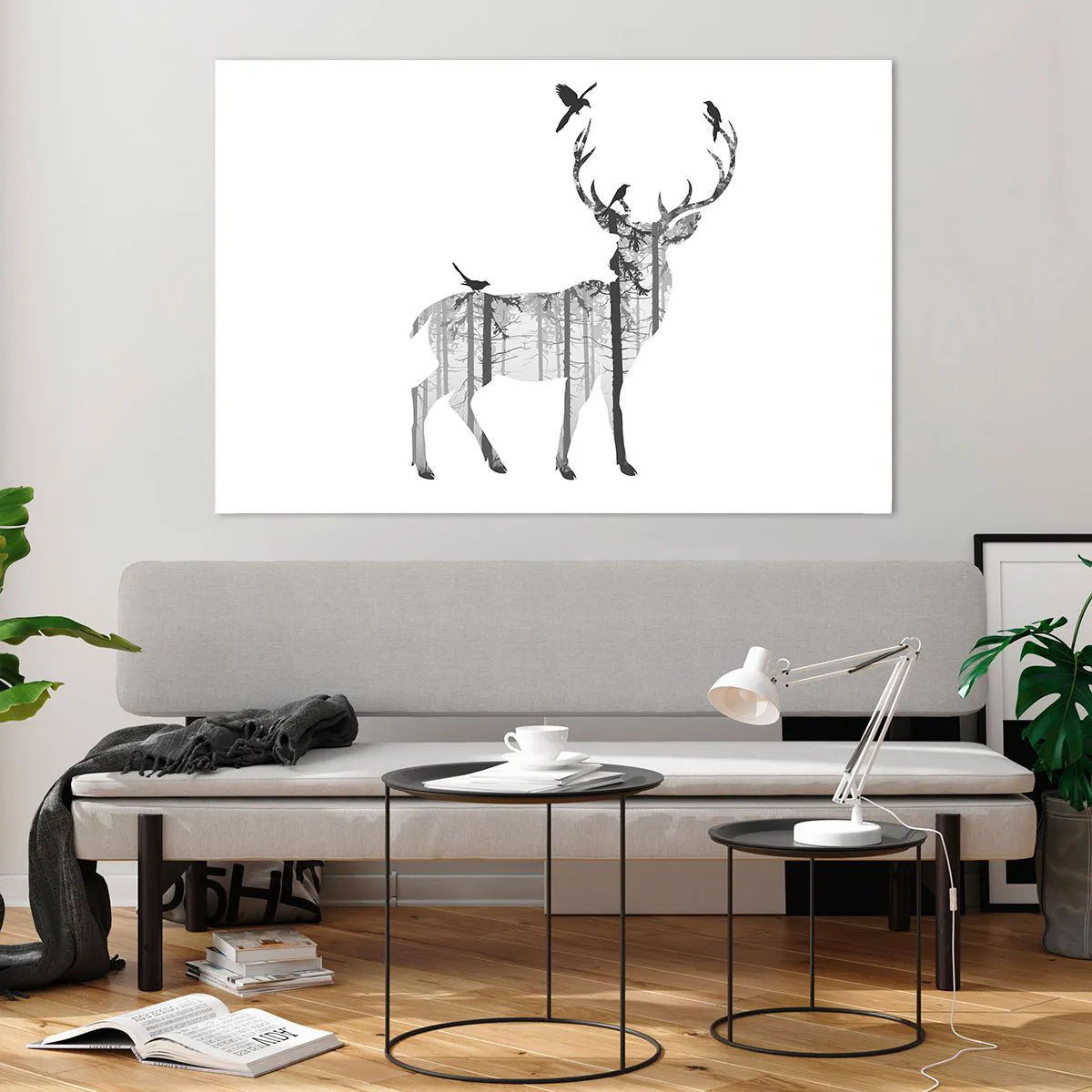 Impression sur verre - Image sur verre - Silhouette graphique d'un cerf avec un motif de forêt et d'oiseaux - 120x80cm - La bonne âme de la forêt - Décoration murale moderne pour le salon et la chambre ARTTOR