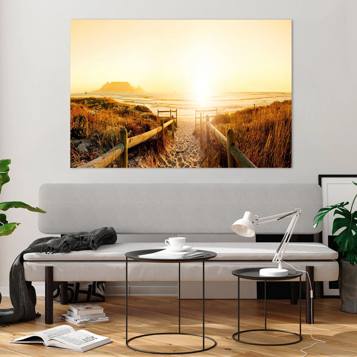 Cuadro sobre vidrio - Impresiones sobre Vidrio - Camino sobre la duna que conduce a la playa al atardecer - 120x80cm - A través de la duna, hacia el sol - Decoración de pared moderna para salón y dormitorio ARTTOR