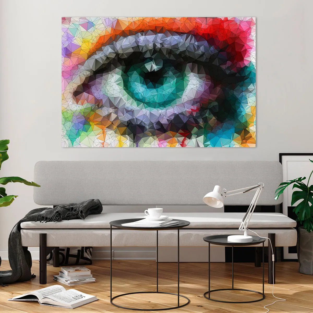 Glasbild - Bild auf glas - Ein geometrisches Auge in leuchtenden Farben mit Kristalleffekt. - 120x80cm - Kristallines Leuchten der Augen - Moderne Wanddekoration für Wohnzimmer und Schlafzimmer ARTTOR