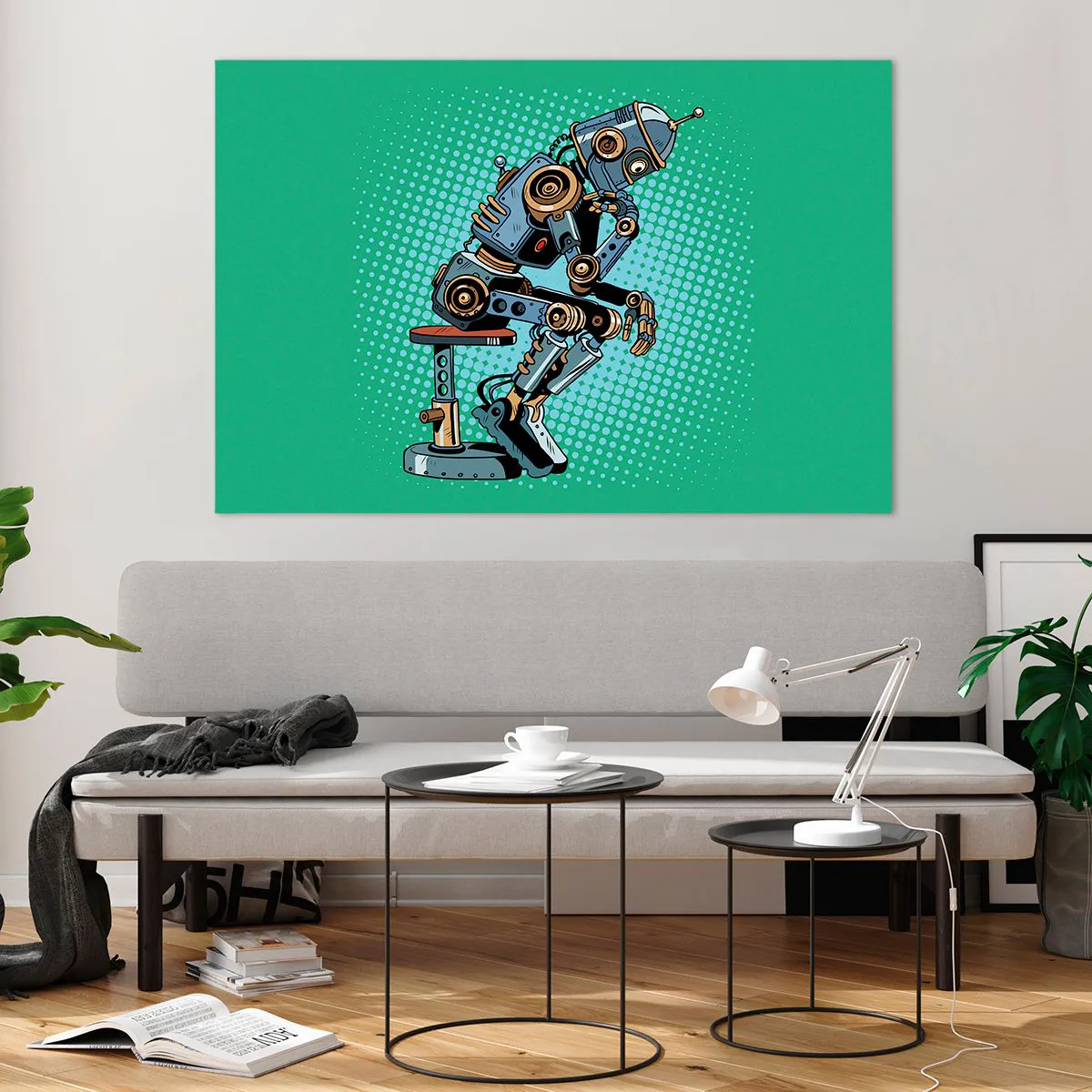 Impression sur verre - Image sur verre - Un robot penseur sur un fond de motif pop art vert. - 120x80cm - Au-dessus de l'essence de l'être - Décoration murale moderne pour le salon et la chambre ARTTOR
