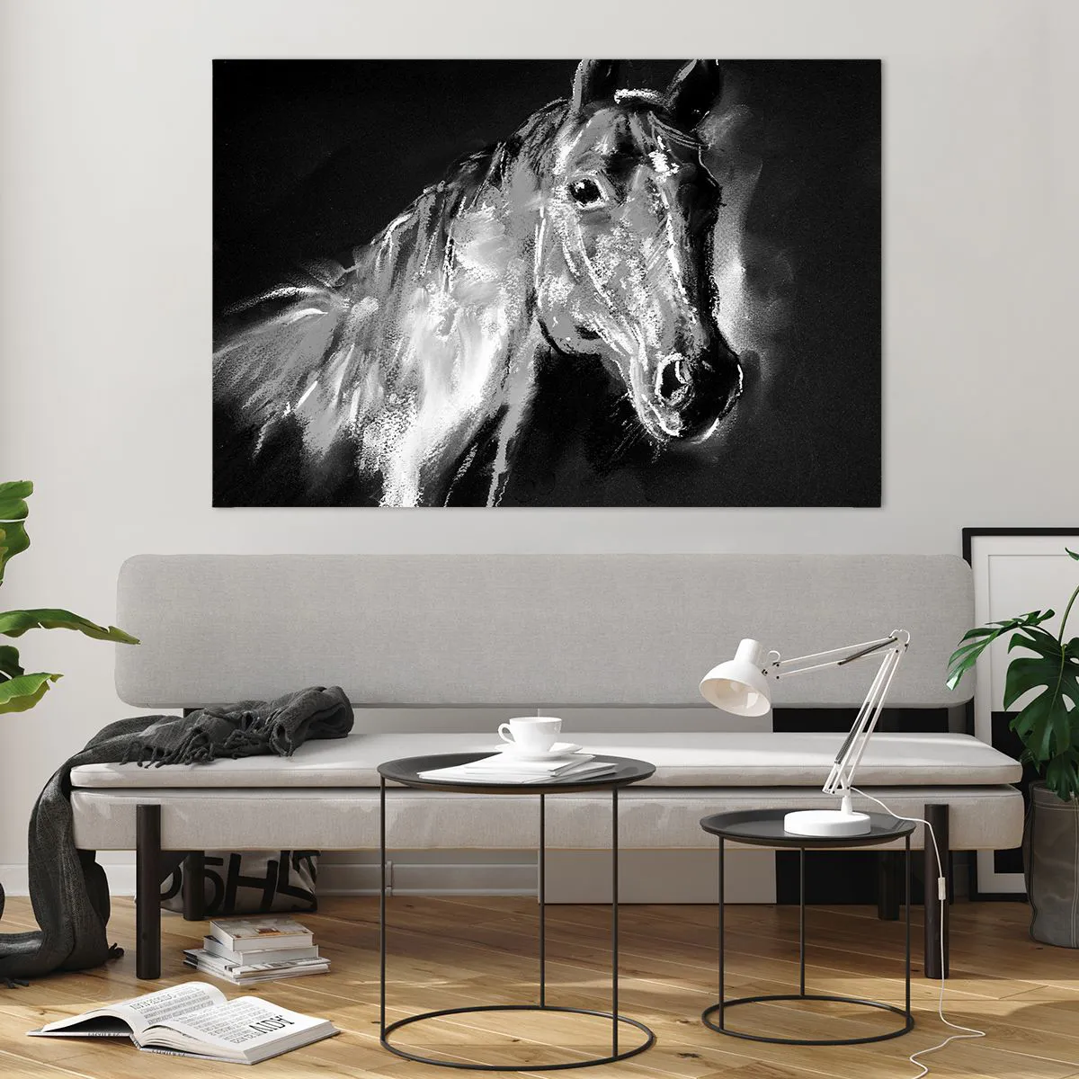 Glasbild - Bild auf glas - Porträt eines Pferdes in Schwarz-Weiß-Tönen auf dunklem Hintergrund - 120x80cm - Das Leuchten einer edlen Seele - Moderne Wanddekoration für Wohnzimmer und Schlafzimmer ARTTOR