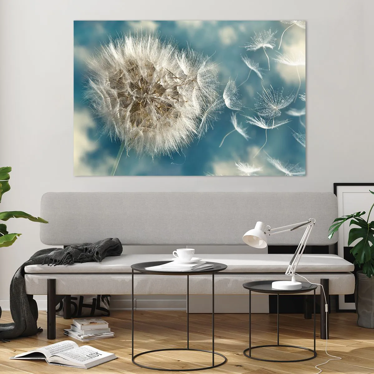 Glasbild - Bild auf glas - Ein zarter Löwenzahn vor dem Himmel mit schwebenden Samen - 120x80cm - Engelsatem - Moderne Wanddekoration für Wohnzimmer und Schlafzimmer ARTTOR