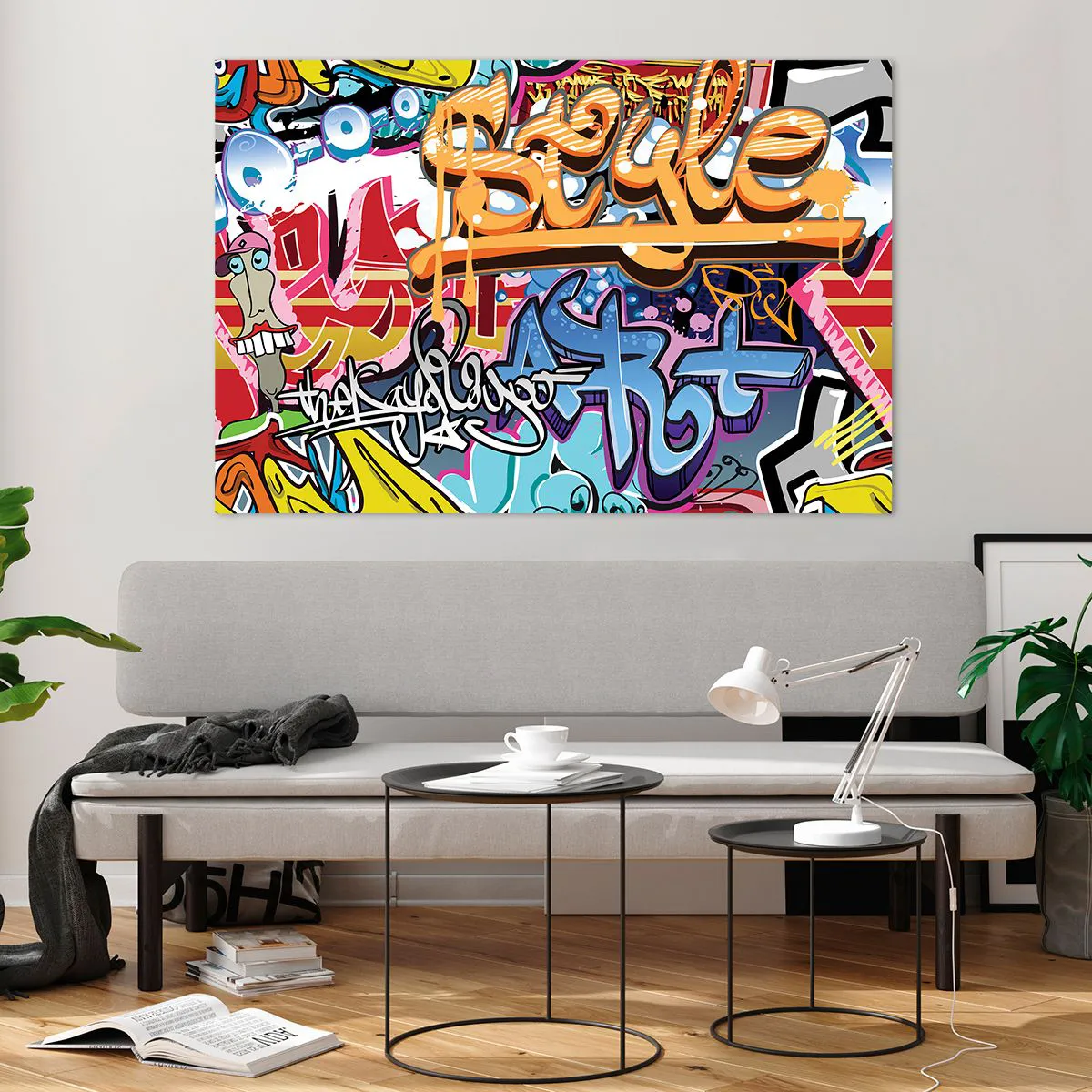 Impression sur verre - Image sur verre - Graffitis colorés avec inscriptions et dessins dynamiques - 120x80cm - Fresques, fresques, fresques… - Décoration murale moderne pour le salon et la chambre ARTTOR