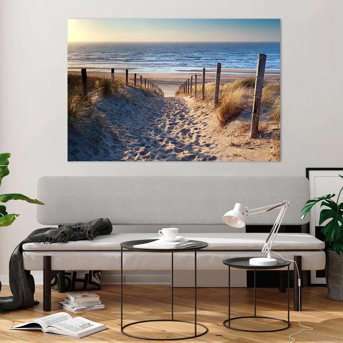 Cuadro sobre vidrio - Impresiones sobre Vidrio - Un camino a través de las dunas que conduce a una playa con un mar en calma. - 120x80cm - El sonido del mar, el canto de los pájaros, una playa virgen entre las dunas... - Decoración de pared moderna para s