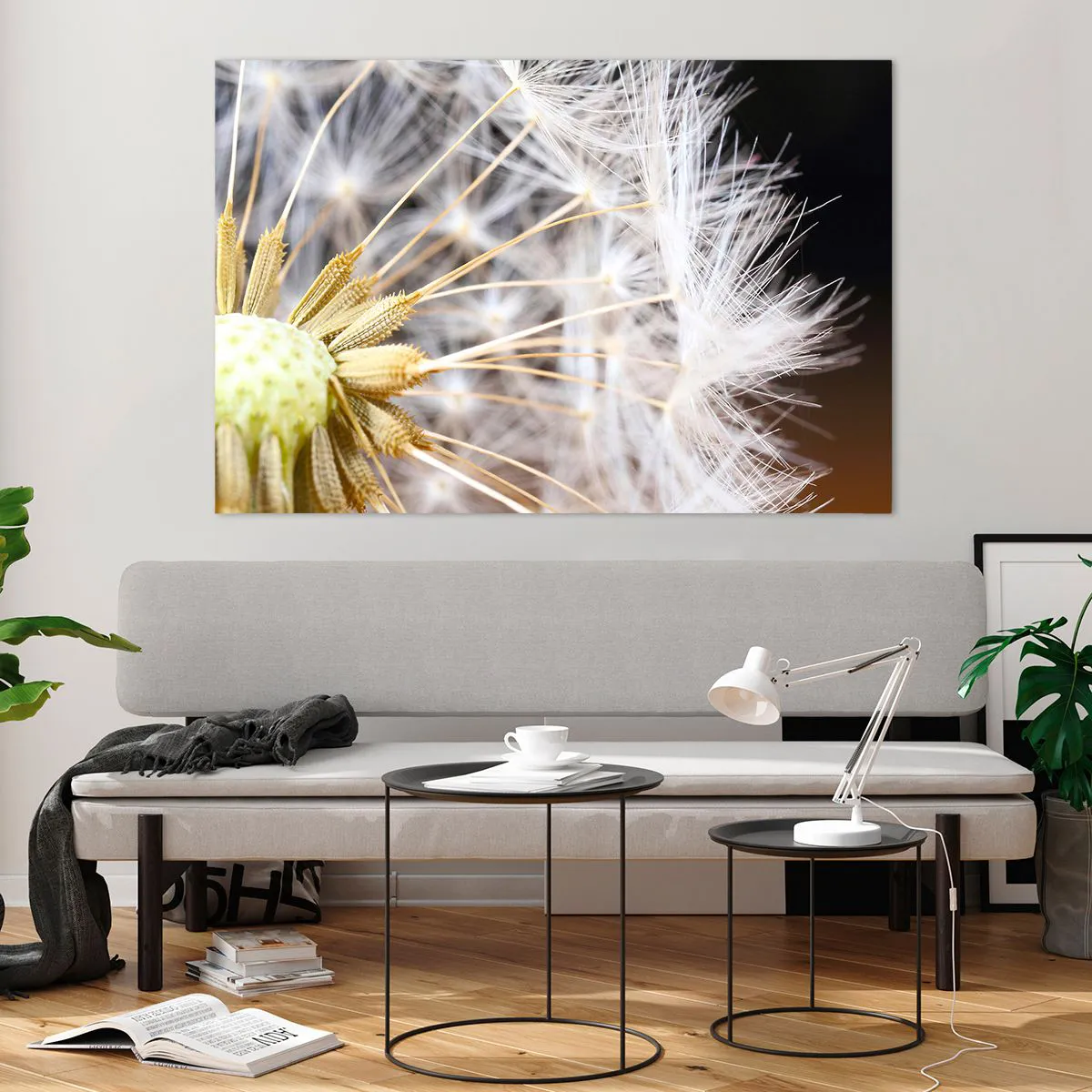 Glasbild - Bild auf glas - Nahaufnahme eines Löwenzahns mit zarten Samen - 120x80cm - Kurz vor dem Abflug - Moderne Wanddekoration für Wohnzimmer und Schlafzimmer ARTTOR