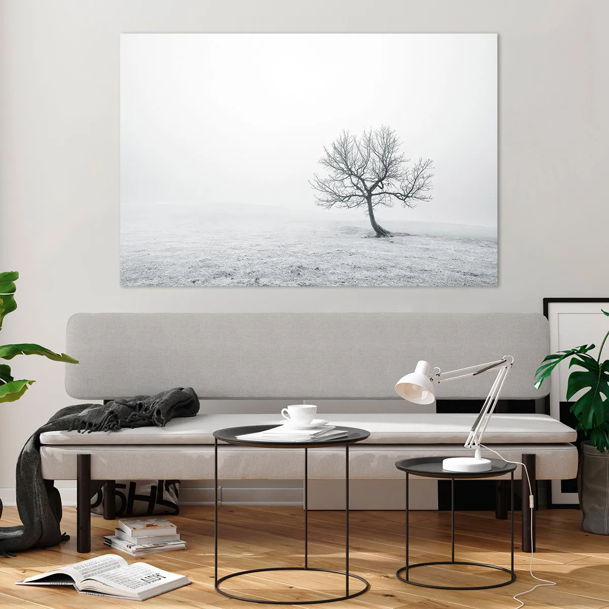 Impression sur verre - Image sur verre - Un arbre solitaire contre le brouillard dans une composition monochrome - 120x80cm - Contre le néant - Décoration murale moderne pour le salon et la chambre ARTTOR