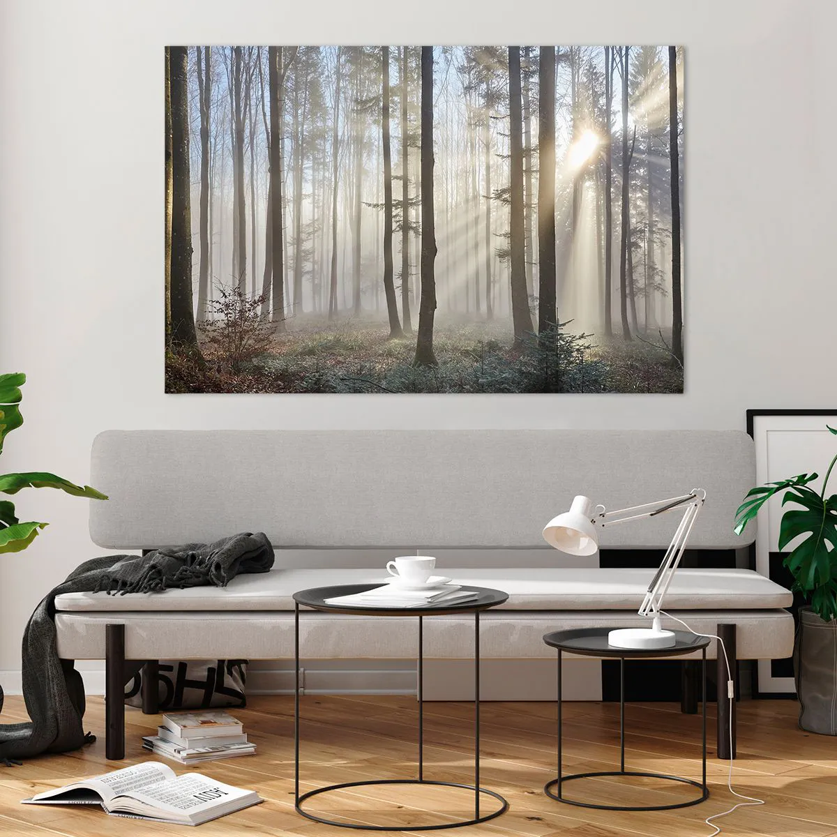 Glasbild - Bild auf glas - Morgensonnenstrahlen durchdringen den nebligen Wald - 120x80cm - Der Nebel ist auch aufgewacht - Moderne Wanddekoration für Wohnzimmer und Schlafzimmer ARTTOR