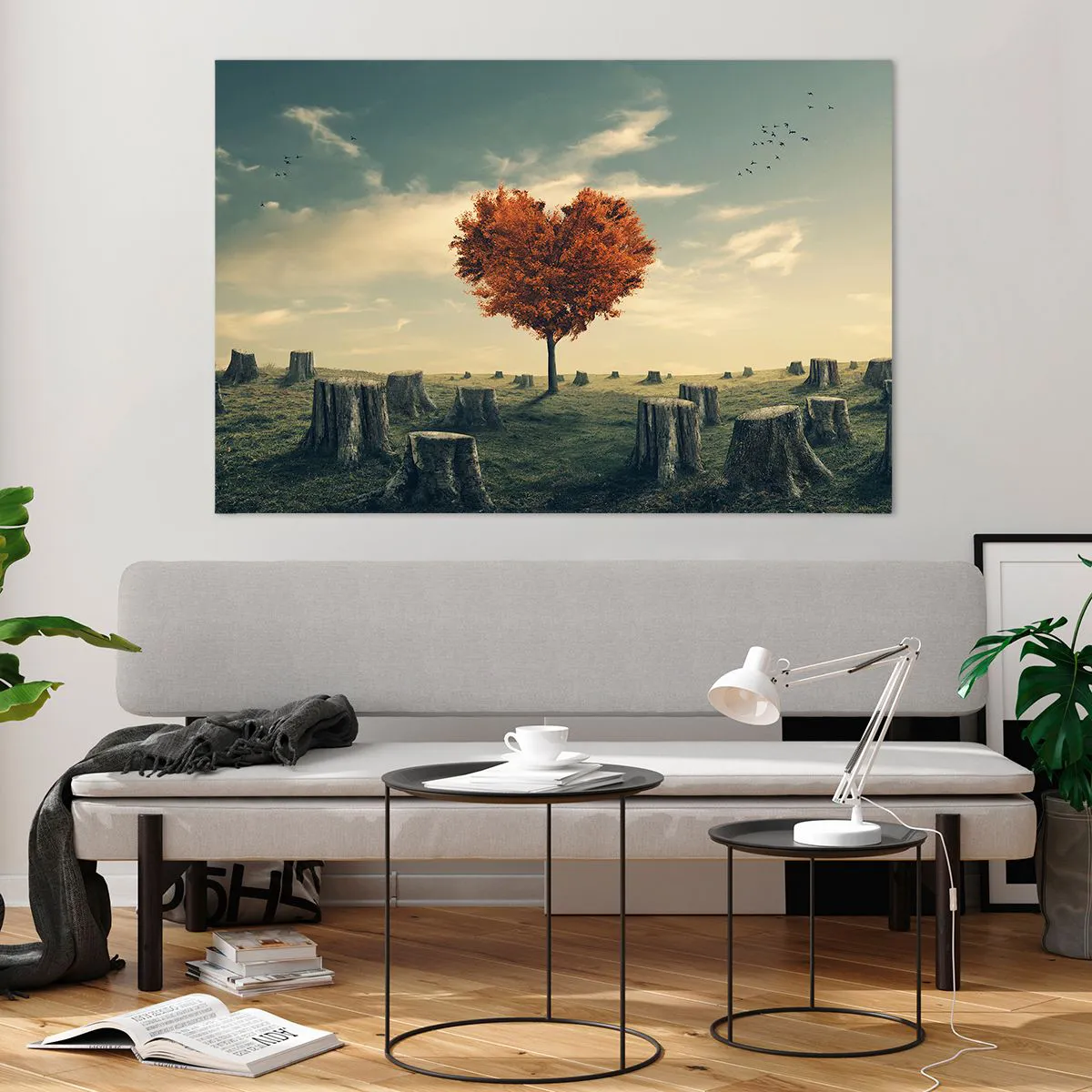 Cuadro sobre vidrio - Impresiones sobre Vidrio - Un árbol en forma de corazón rodeado de troncos talados en un claro. - 120x80cm - Todavía hay esperanza - Decoración de pared moderna para salón y dormitorio ARTTOR