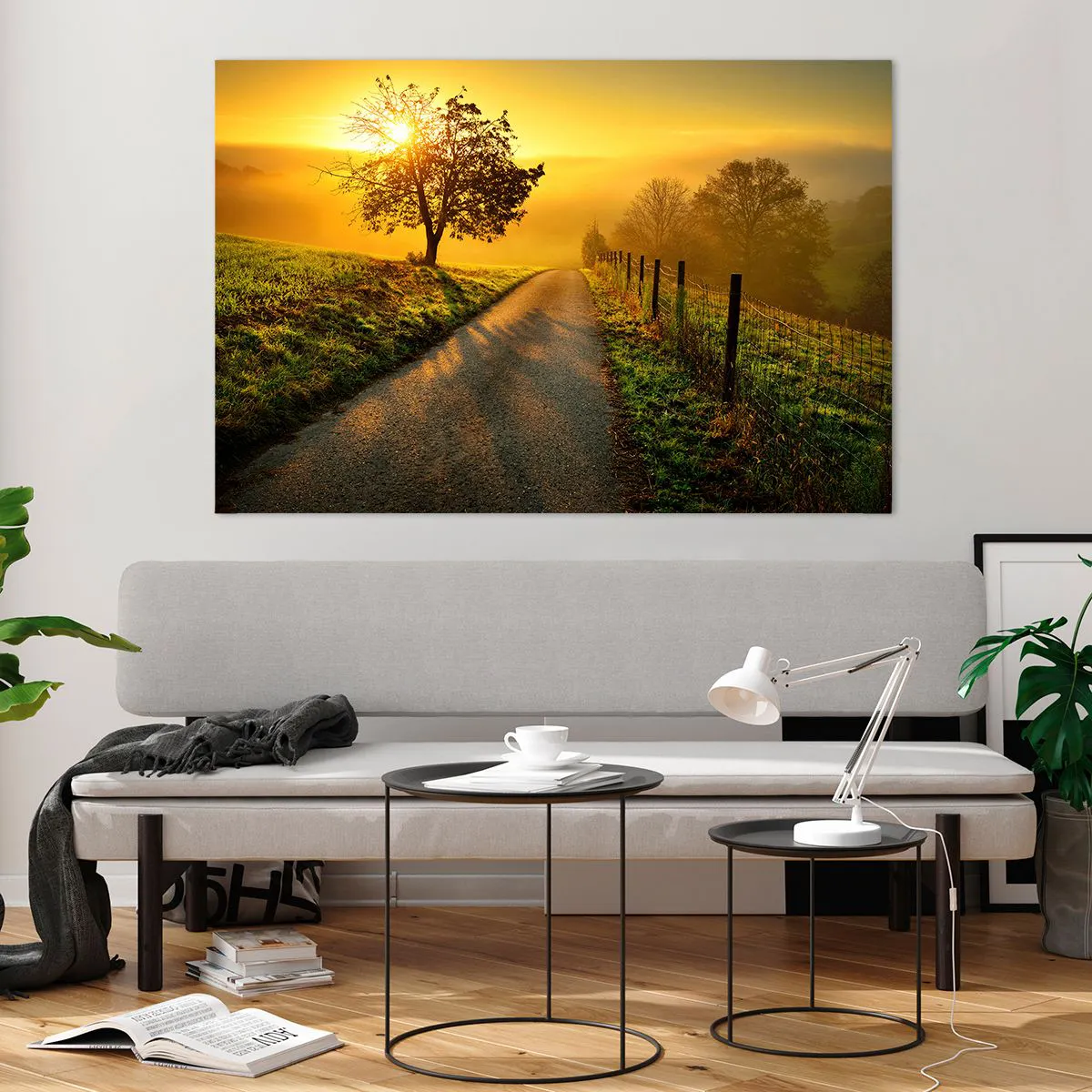 Quadro su vetro - Una strada attraverso un paesaggio rurale al tramonto - 120x80cm - Pomeriggio di miele - Decorazione murale moderna per soggiorno e camera da letto ARTTOR
