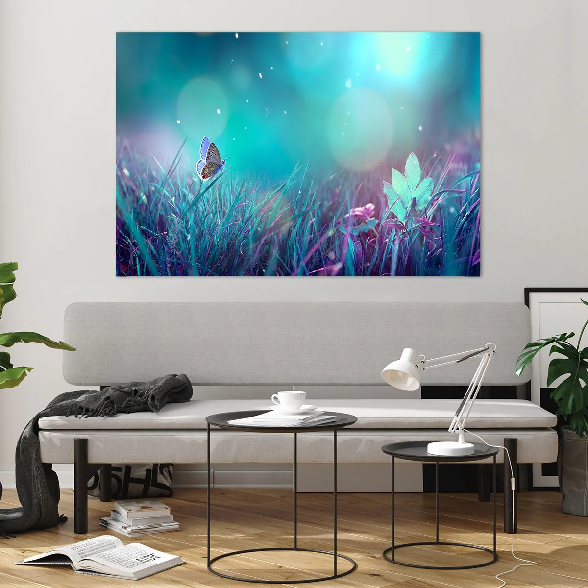 Quadro su vetro - Farfalla sull'erba in luce pastello - 120x80cm - La vita segreta del prato - Decorazione murale moderna per soggiorno e camera da letto ARTTOR