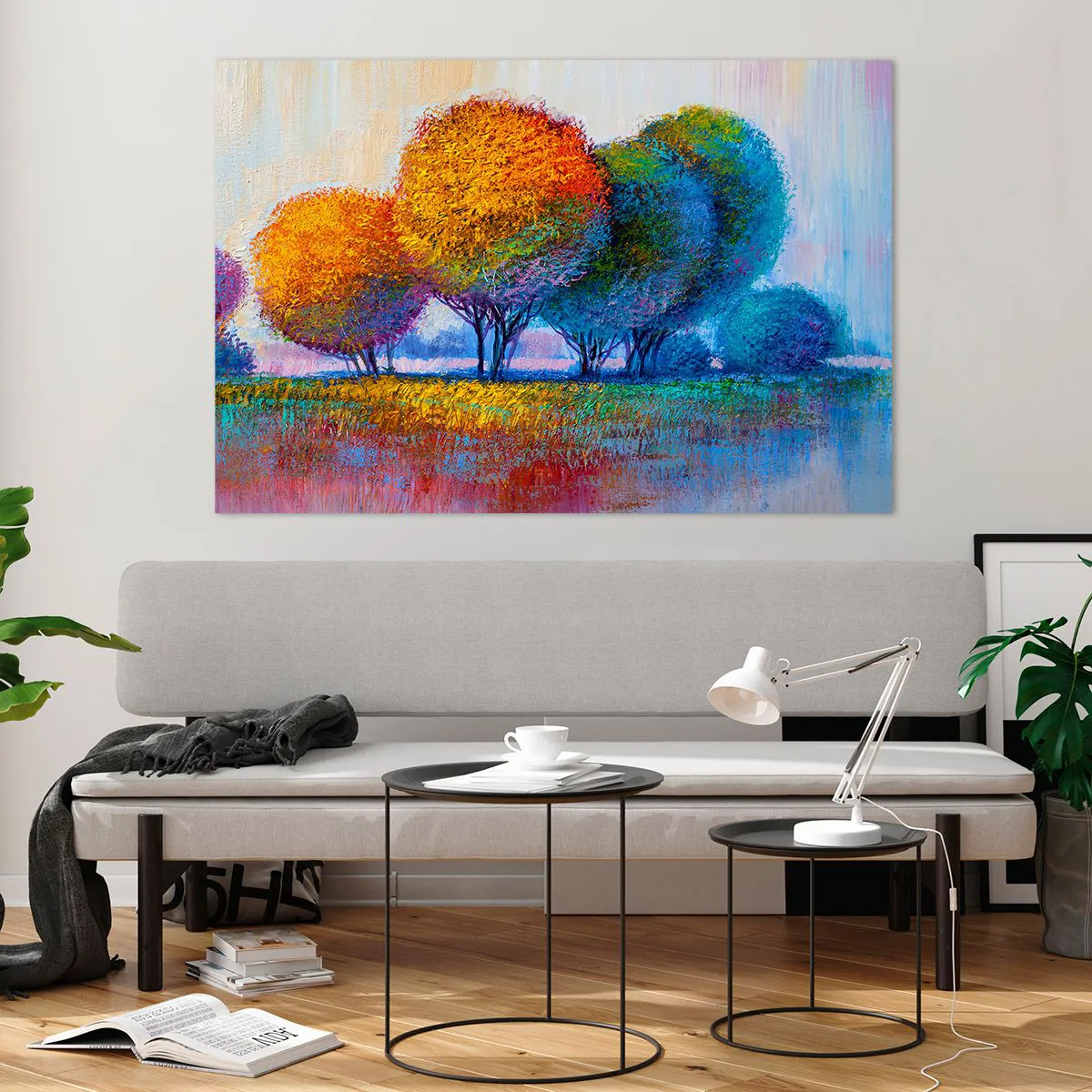 Impression sur verre - Image sur verre - Arbres colorés aux couleurs d'automne contre un ciel bleu - 120x80cm - Un bouquet de couleurs éclatantes - Décoration murale moderne pour le salon et la chambre ARTTOR