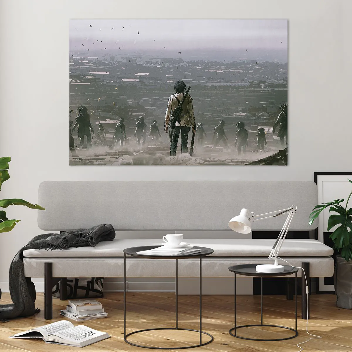 Obraz na szkle - Postać z karabinem w mrocznej scenerii zbliżającej się grupy - 120x80cm - Ostatni sprawiedliwy? - Nowoczesna dekoracja ścienna do salonu, kuchni i sypialni ARTTOR