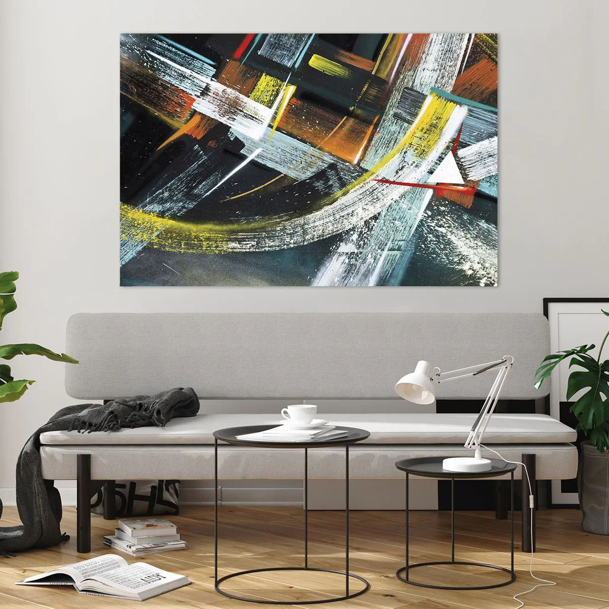 Glasbild - Bild auf glas - Dynamische Abstraktion mit bunten Pinselstrichen - 120x80cm - Energie der Bewegung - Moderne Wanddekoration für Wohnzimmer und Schlafzimmer ARTTOR