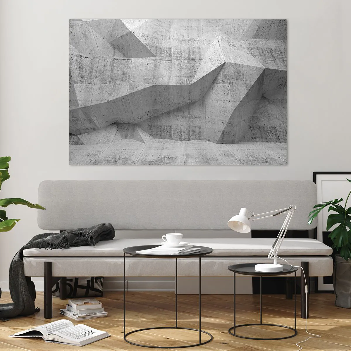Quadro su vetro - Struttura geometrica in cemento nei toni del grigio - 120x80cm - Una vera sfida - Decorazione murale moderna per soggiorno e camera da letto ARTTOR